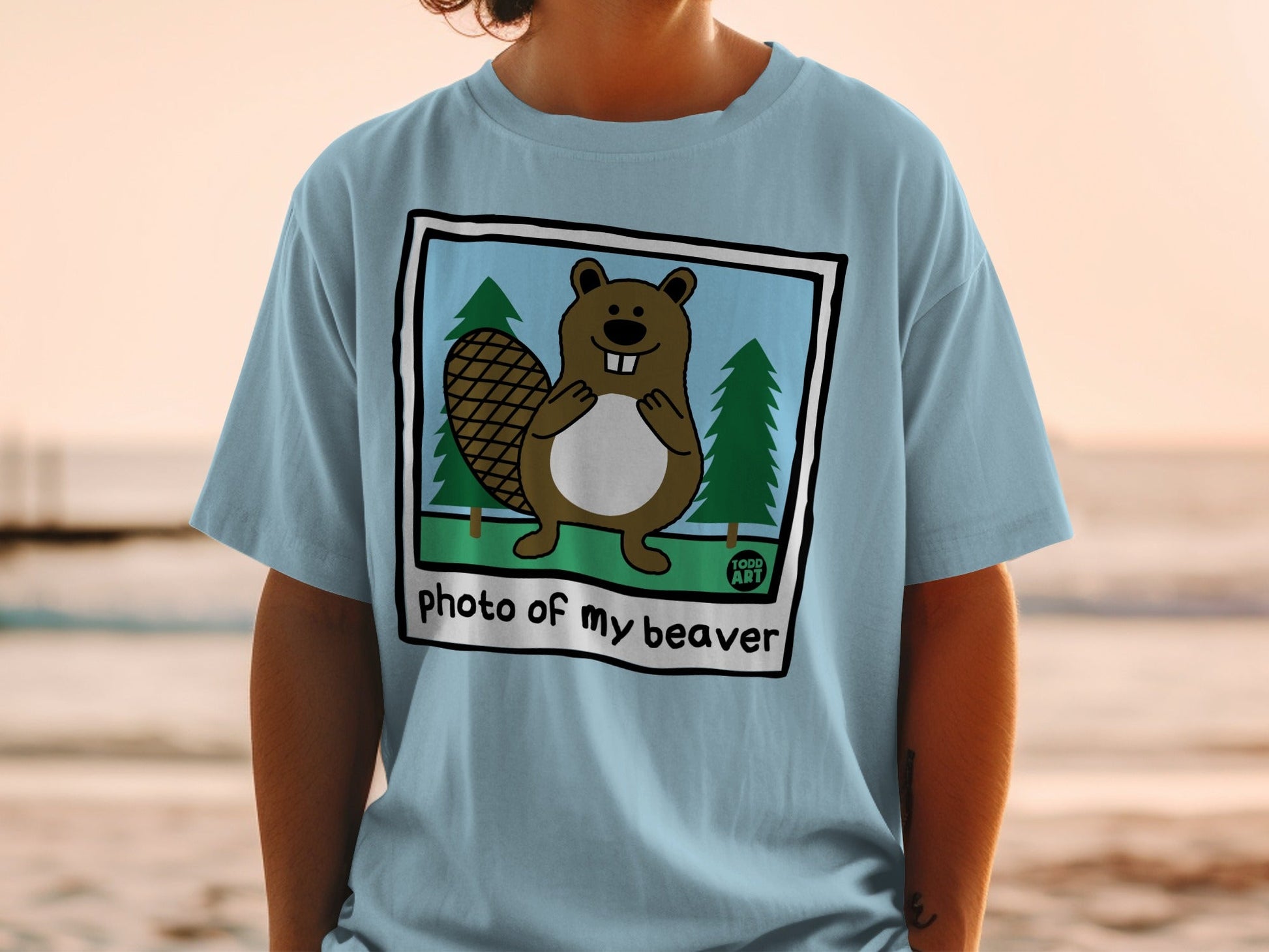 Light blue t-shirt with cartoon beaver and "photo of my beaver" text.