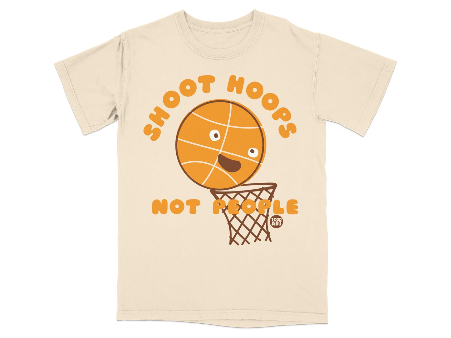T-shirt with "Shoot Hoops Not People" text and a basketball smiling into a hoop.