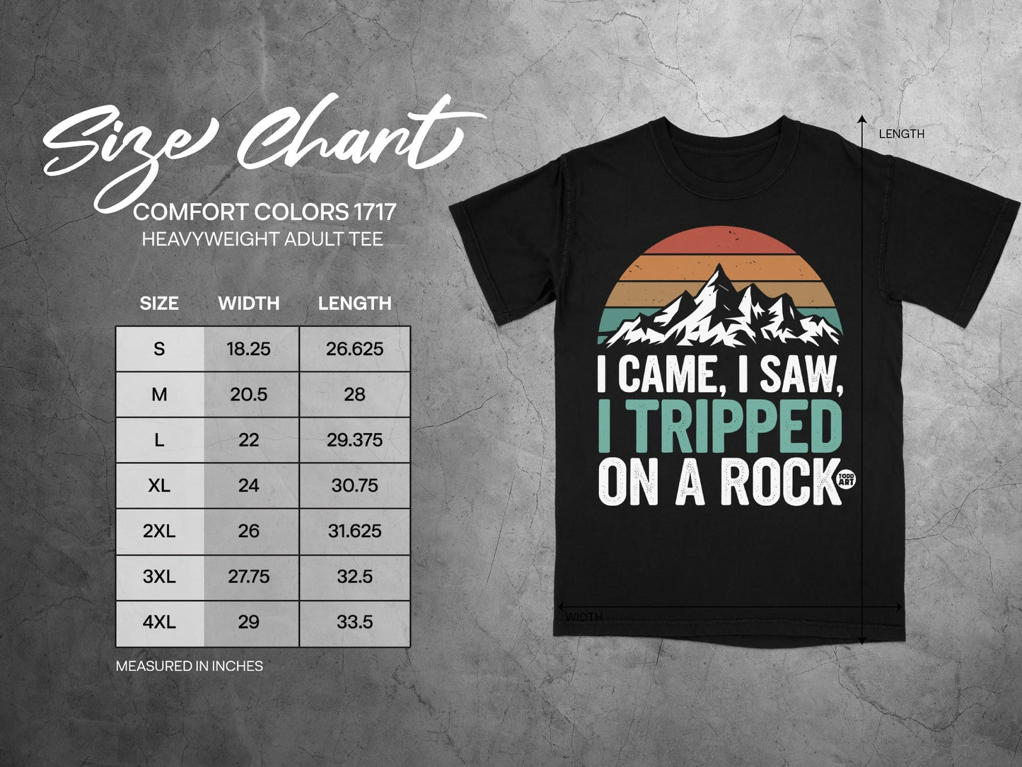 Size chart for Comfort Colors 1717 heavyweight adult tee with t-shirt graphic.