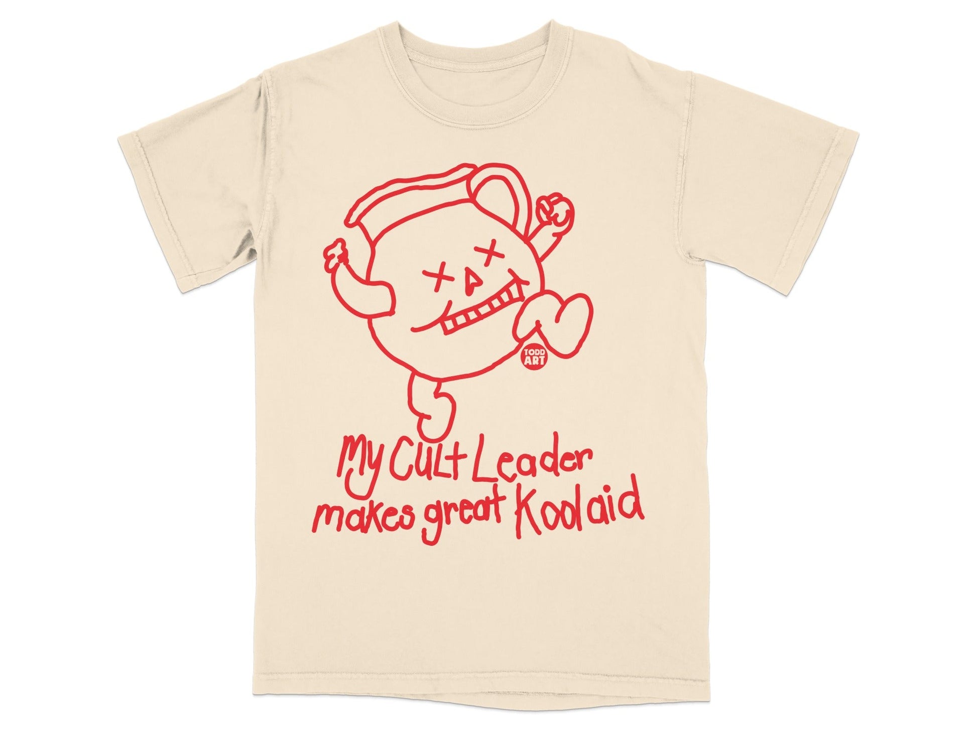 Cream t-shirt with red cartoon Kool-Aid Man graphic and text.