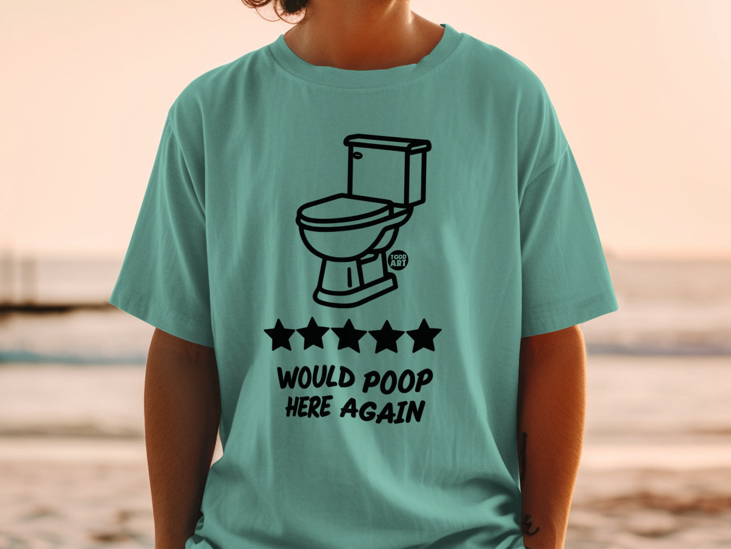 Teal t-shirt with toilet, five stars, and "Would Poop Here Again" text.