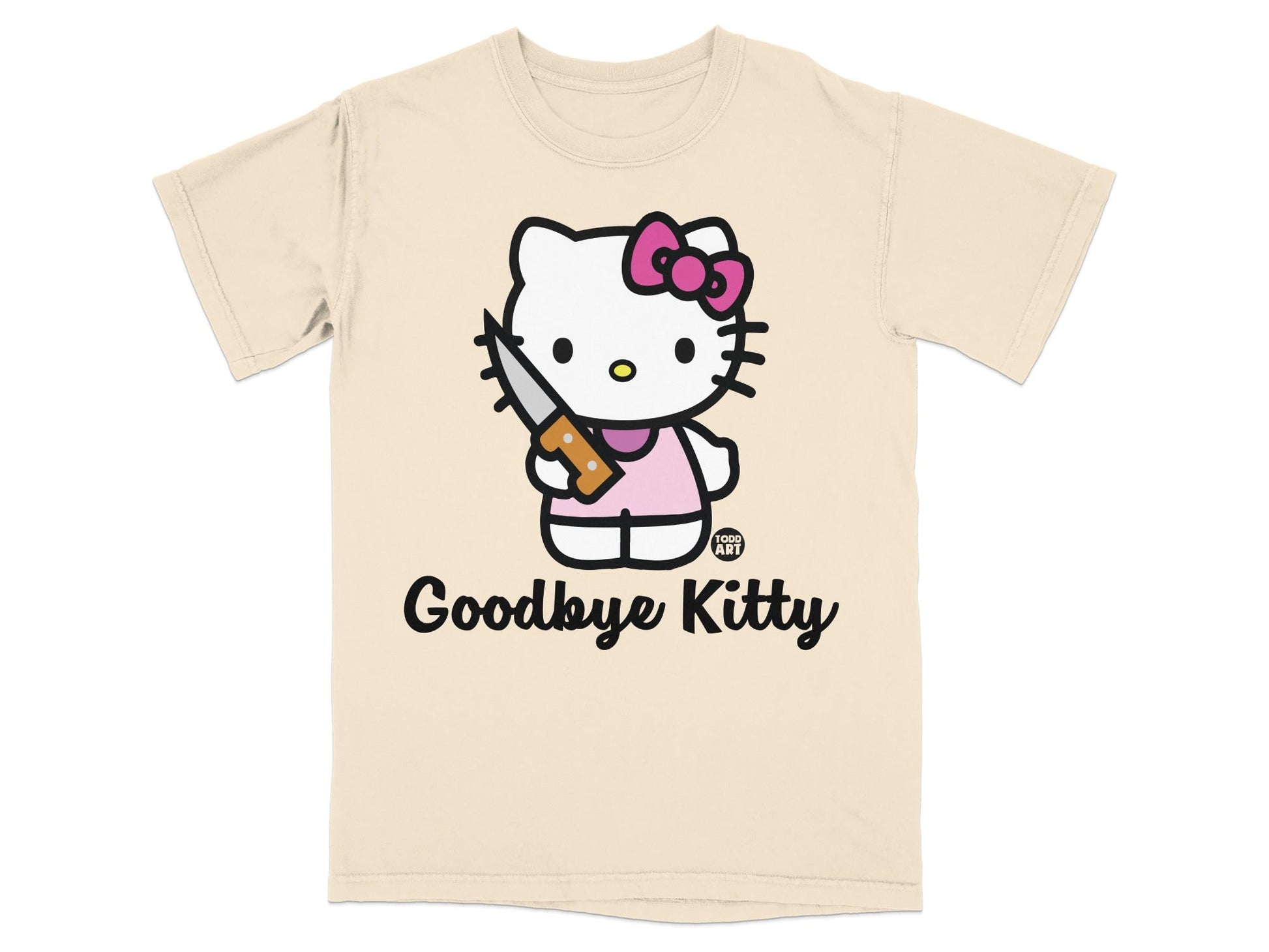 Beige t-shirt with Hello Kitty holding a knife, text reads "Goodbye Kitty".