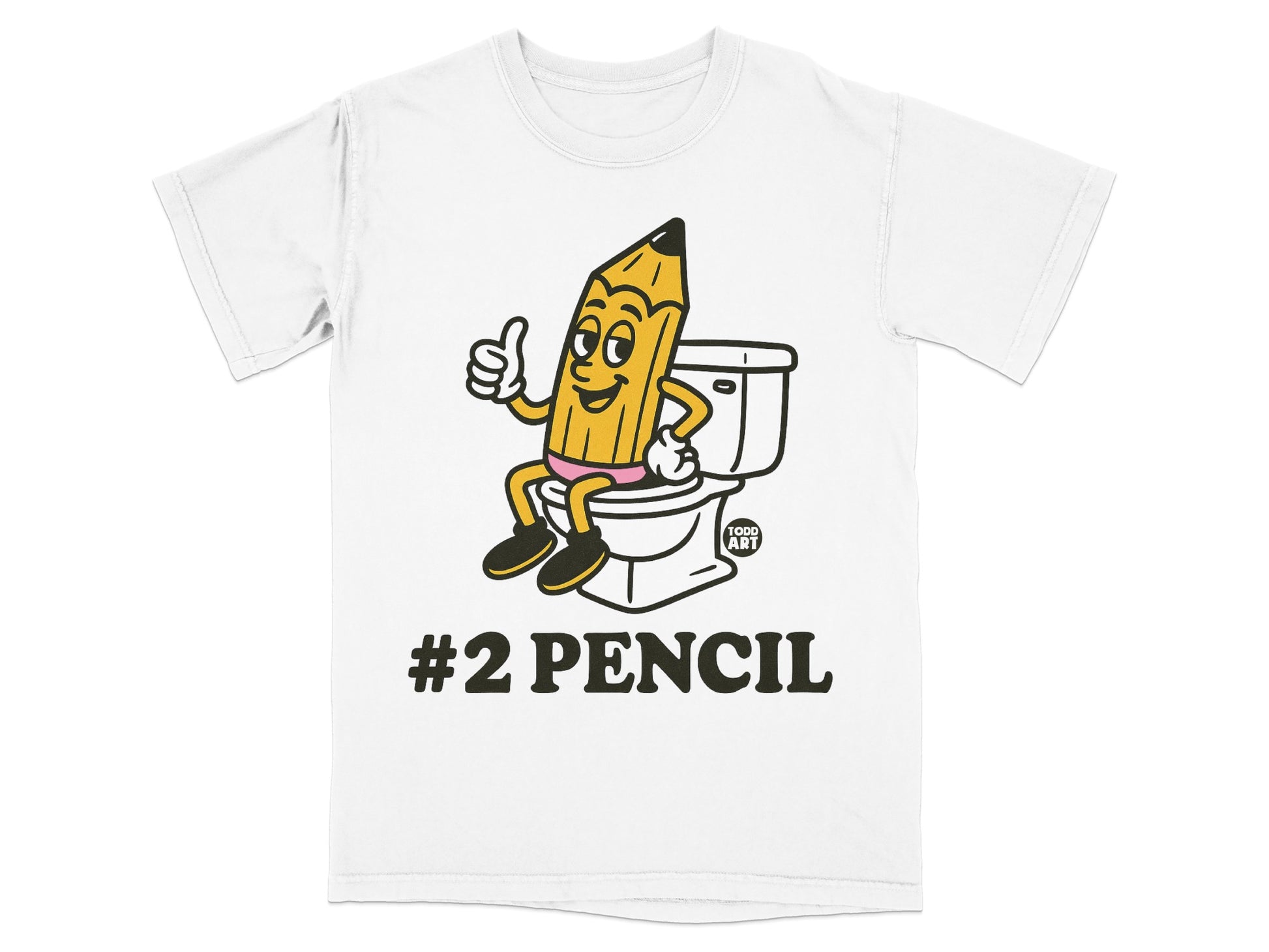 White t-shirt with cartoon pencil giving a thumbs up on a toilet, "#2 PENCIL" text.