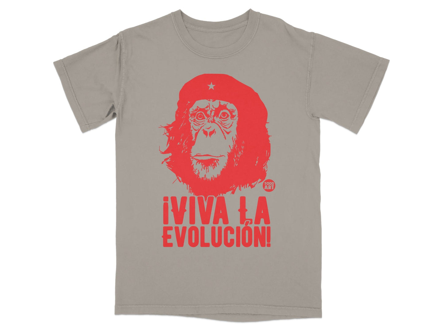 Grey t-shirt with red graphic of a monkey wearing a beret and "¬°VIVA LA EVOLUCI√ìN!" text.