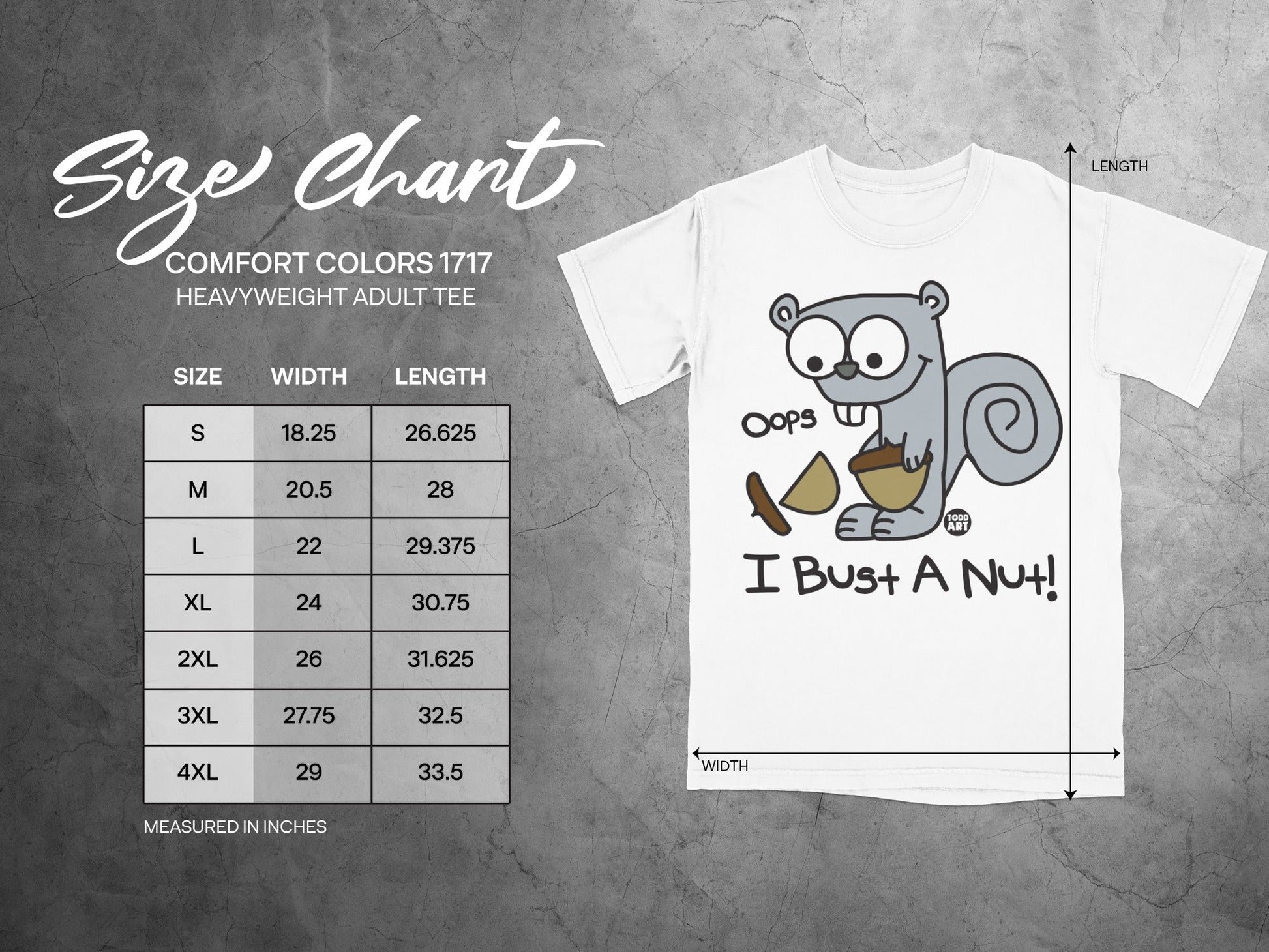 Size chart for Comfort Colors 1717 heavyweight adult tee with cartoon squirrel.
