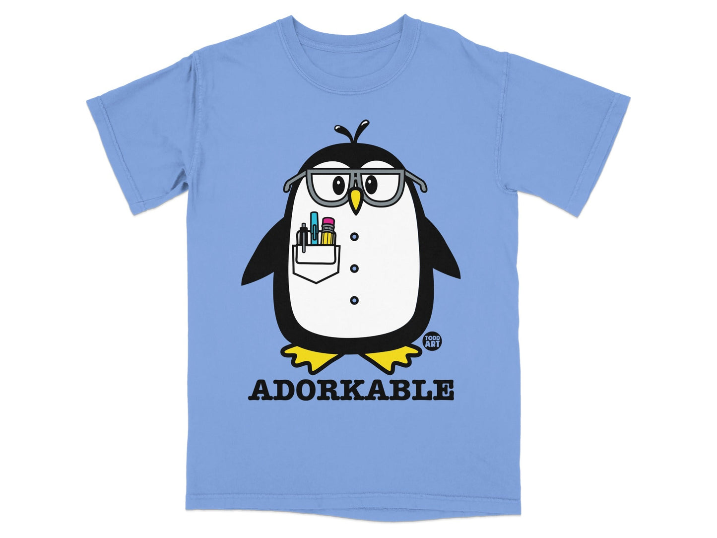 Cartoon penguin with glasses and pens in its pocket, wearing a blue shirt with "ADORKABLE" text.