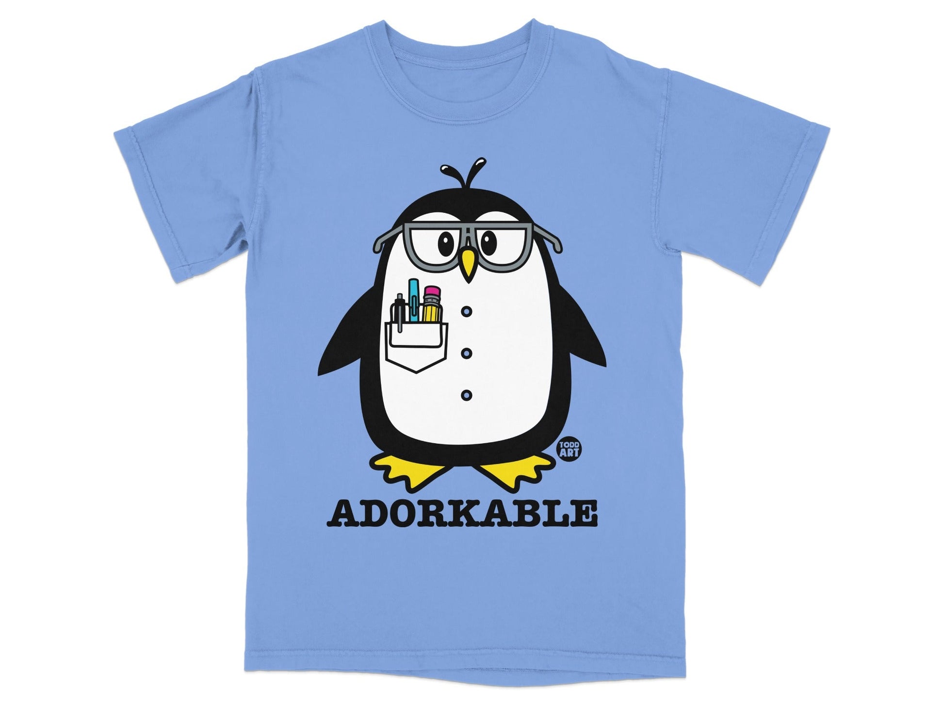 Cartoon penguin with glasses and pens in its pocket, wearing a blue shirt with "ADORKABLE" text.