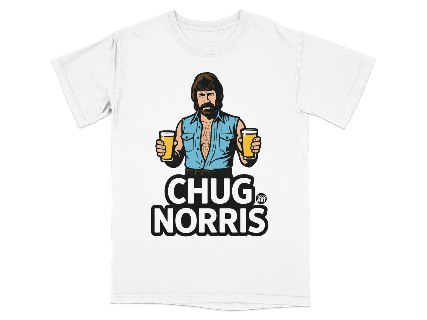White t-shirt with Chuck Norris holding two beers, text reads "CHUG NORRIS".