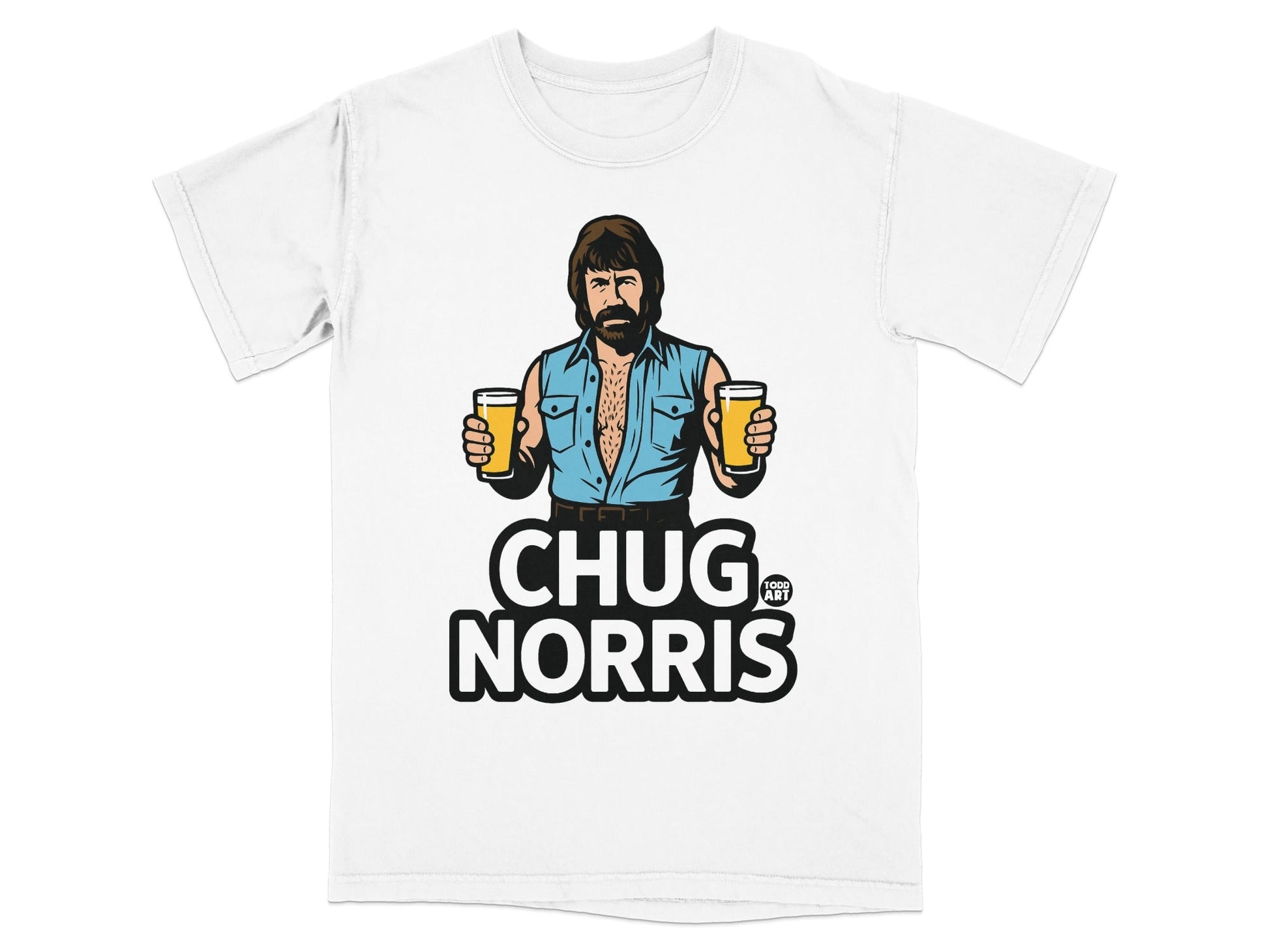 White t-shirt with Chuck Norris holding two beers, text reads "CHUG NORRIS".