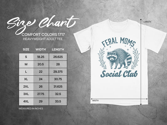 Size chart for Comfort Colors 1717 heavyweight adult tee with raccoon graphic.