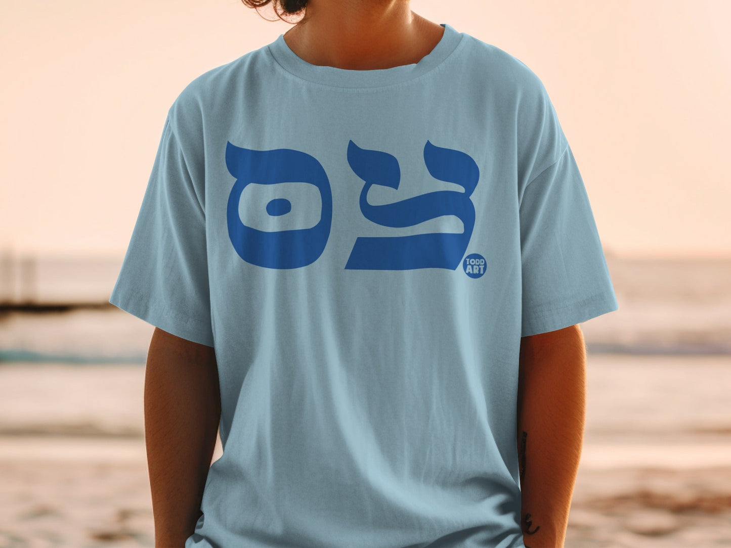 Light blue t-shirt with Hebrew text and "TODD ART" logo.