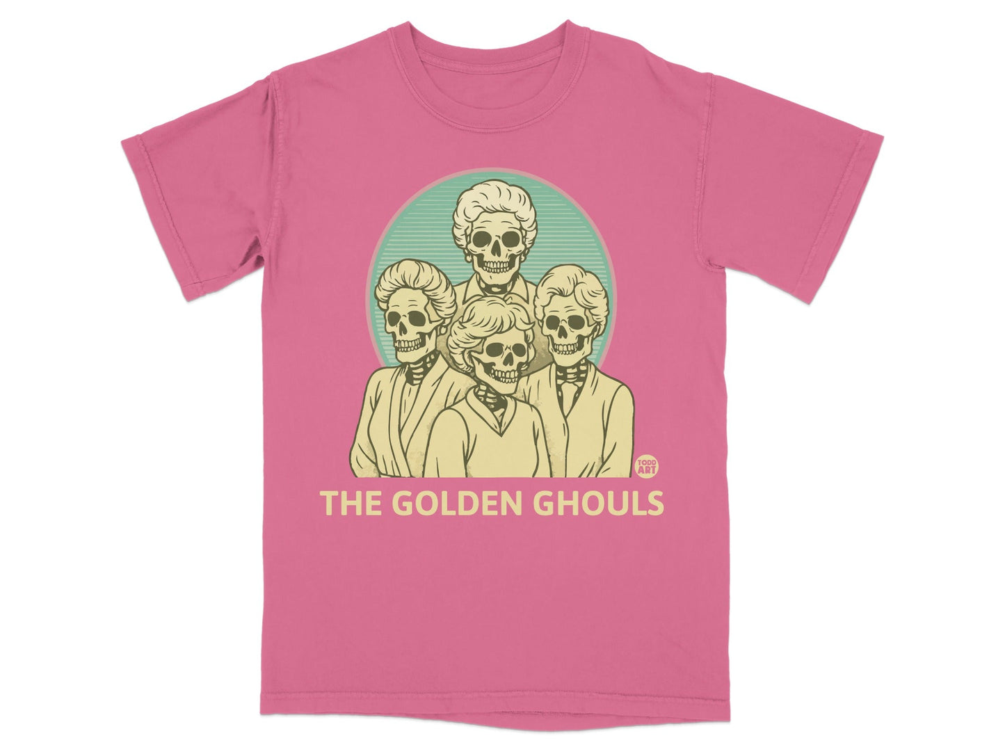 Pink t-shirt featuring "The Golden Ghouls" with four skeleton portraits.