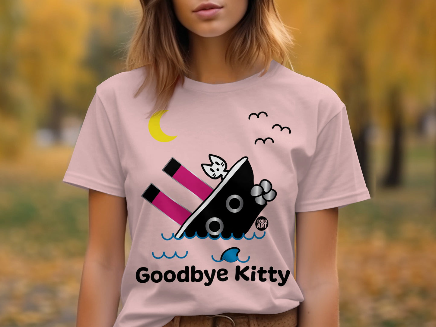 Goodbye Kitty Cute Cat Boat Graphic T-Shirt