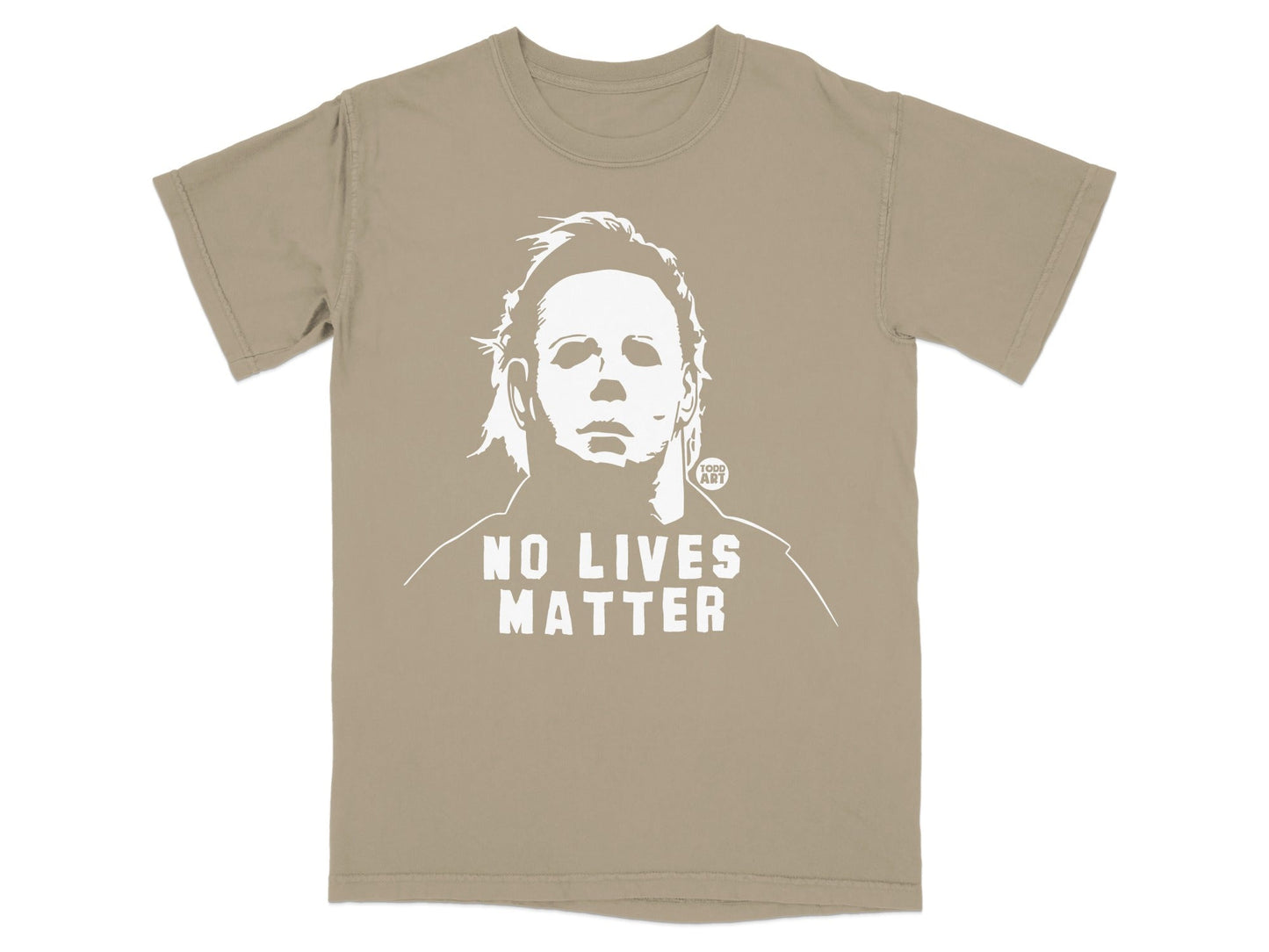 Tan t-shirt with Michael Myers graphic and "NO LIVES MATTER" text.