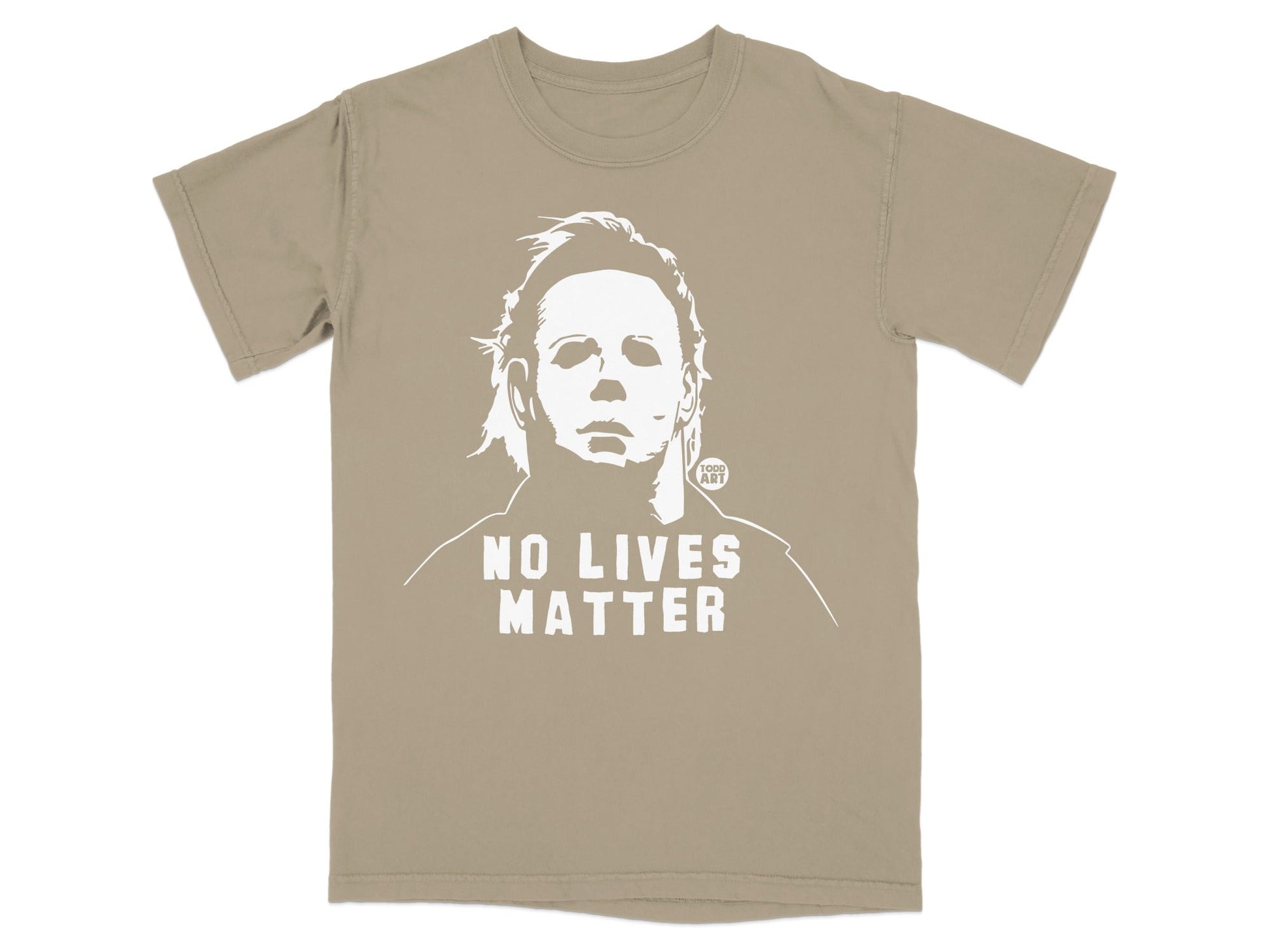 Tan t-shirt with Michael Myers graphic and "NO LIVES MATTER" text.