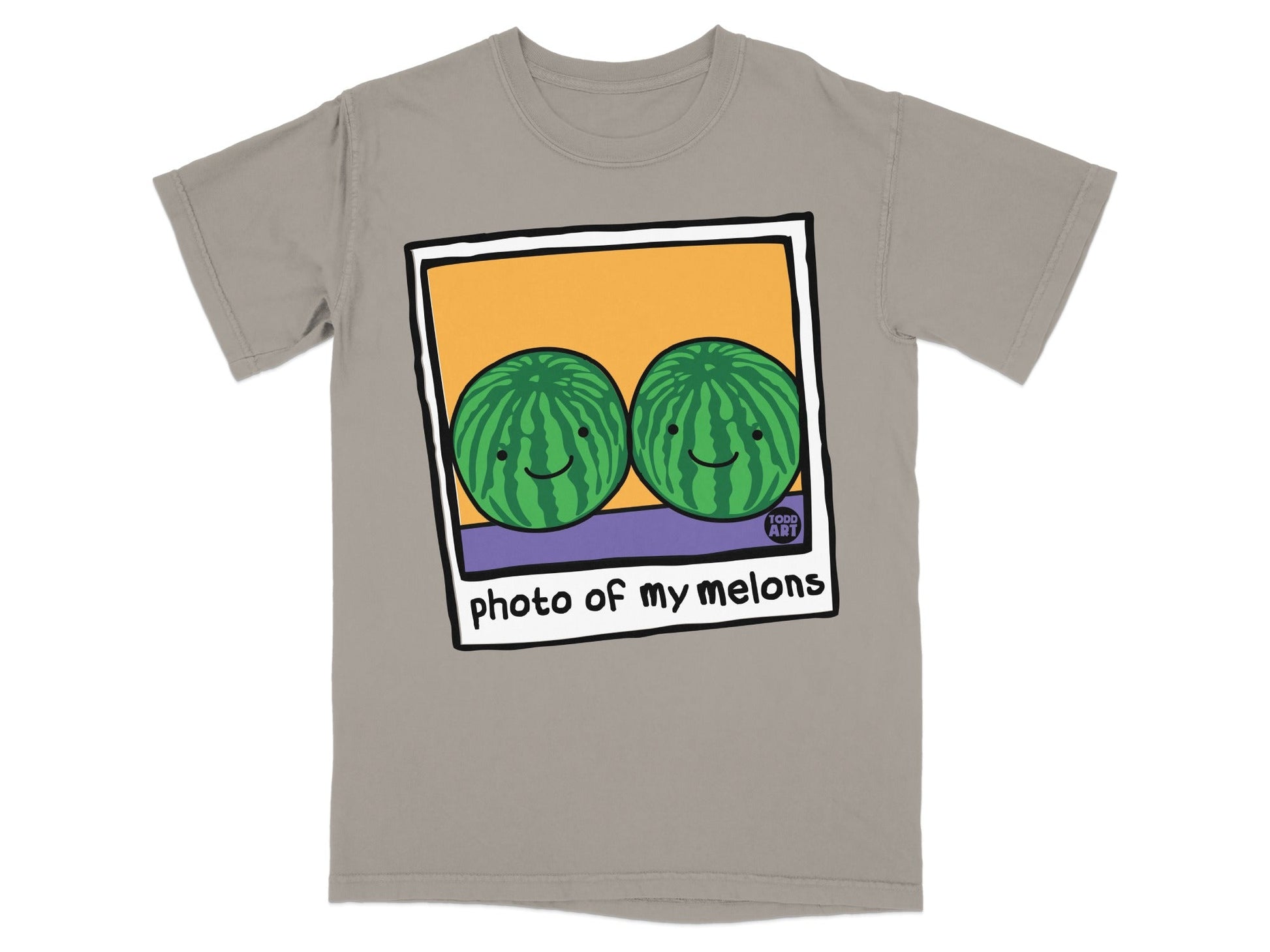 Two smiling watermelons on a t-shirt with text "photo of my melons".