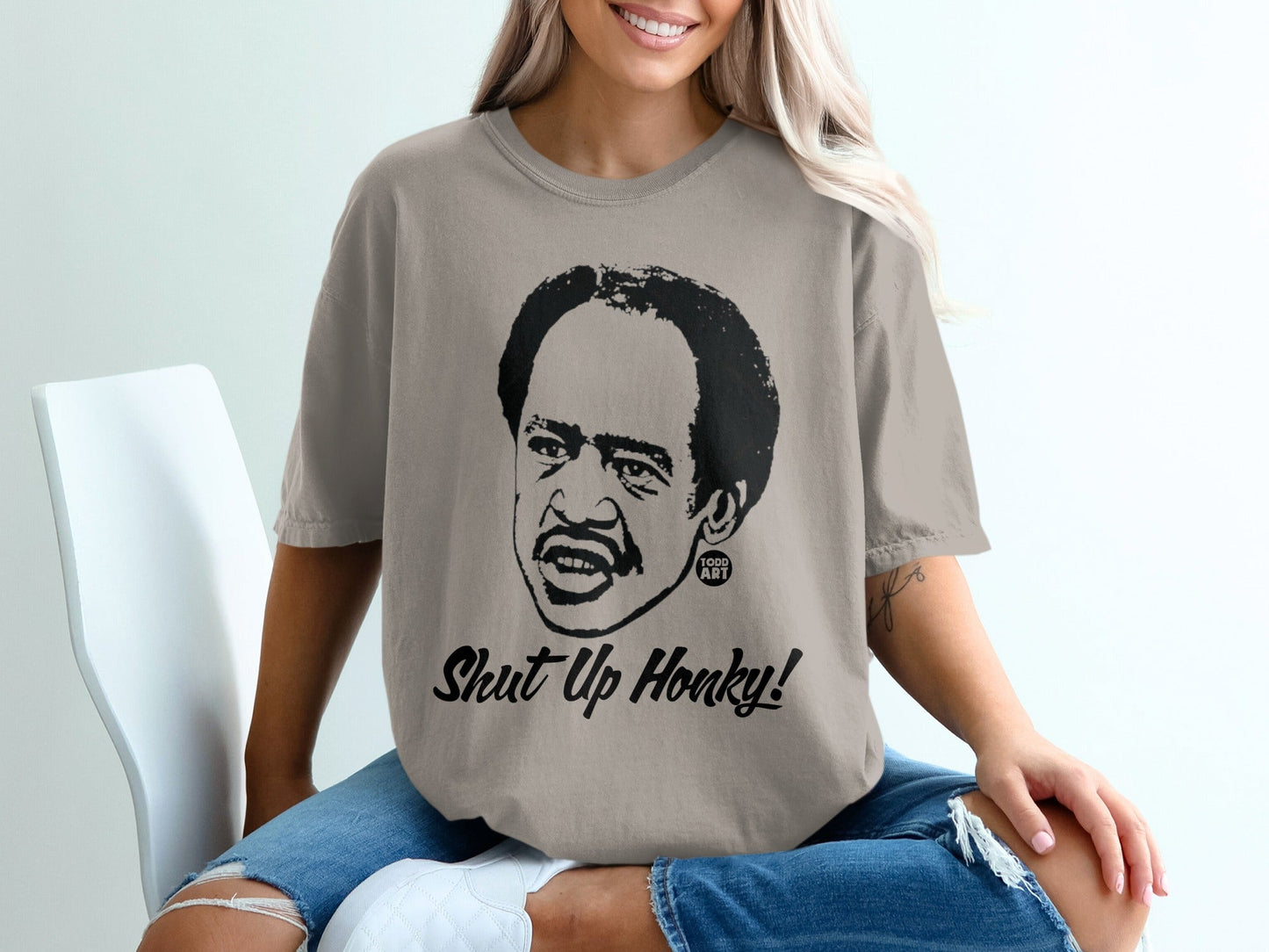 T-shirt with "Shut Up Honky!" text and portrait of Redd Foxx.