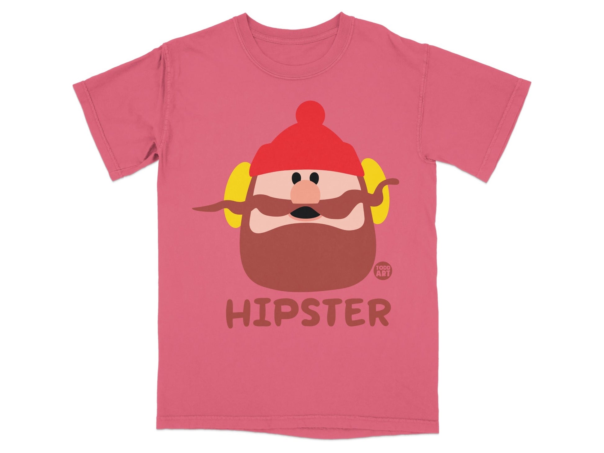 Pink t-shirt with a cartoon hipster character wearing a red hat and headphones.