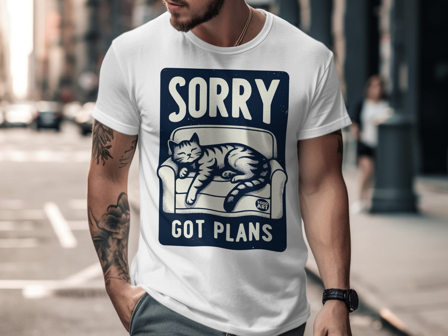 Sorry Got Plans Cat on Couch Graphic T-Shirt