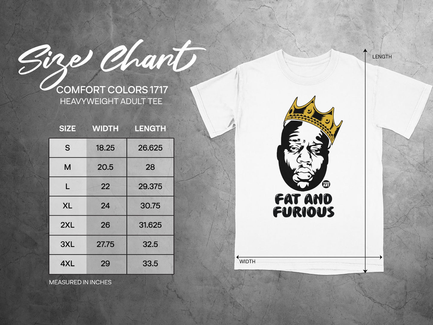 Size chart for Comfort Colors 1717 heavyweight adult tee.
