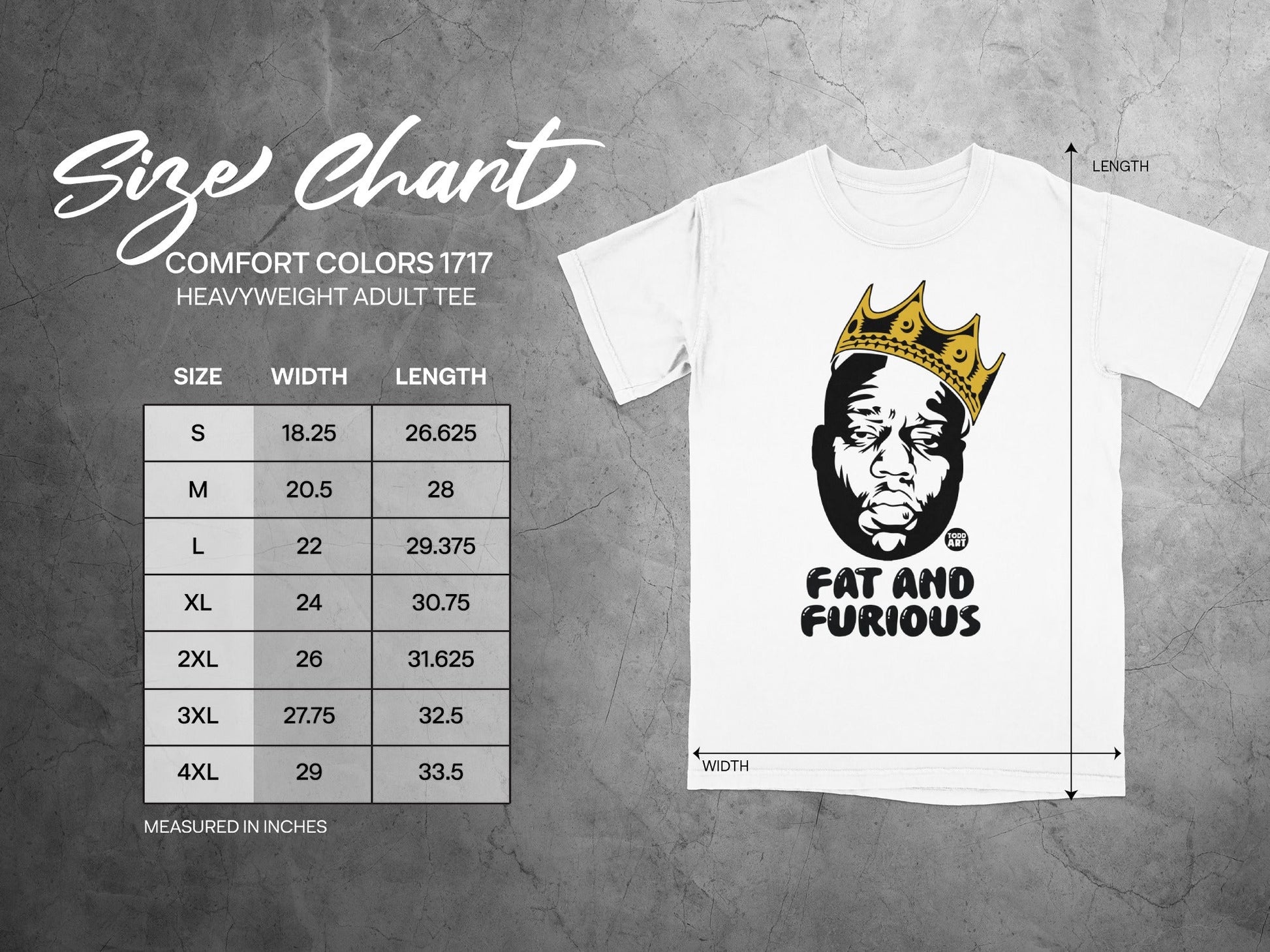 Size chart for Comfort Colors 1717 heavyweight adult tee.