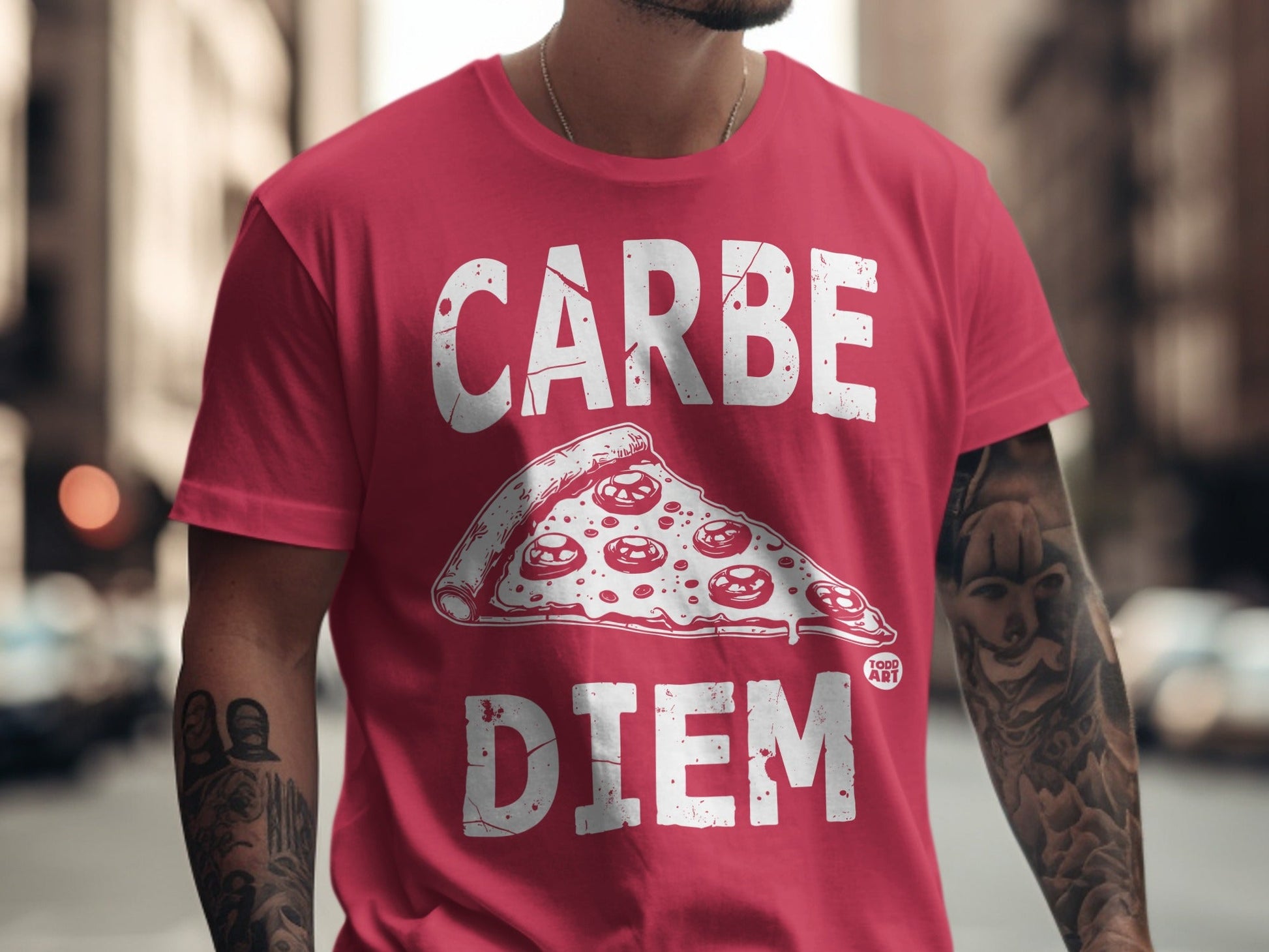 Red t-shirt with "CARPE DIEM" and a pepperoni pizza slice graphic.