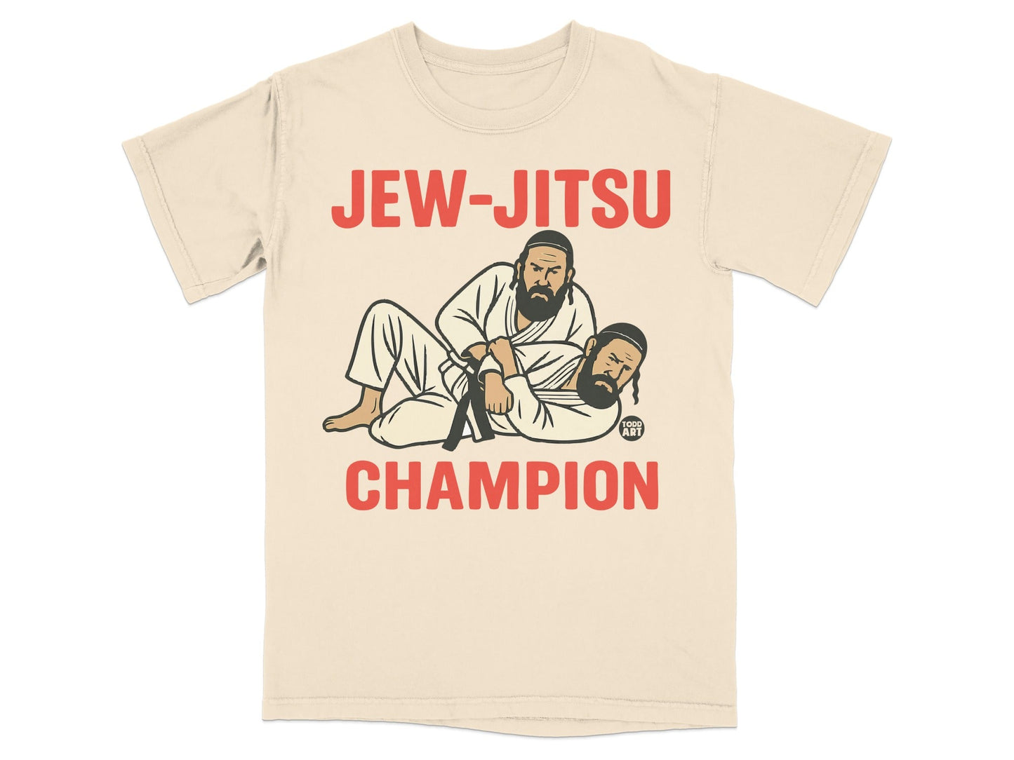T-shirt with "JEW-JITSU CHAMPION" text and illustration of two men grappling.