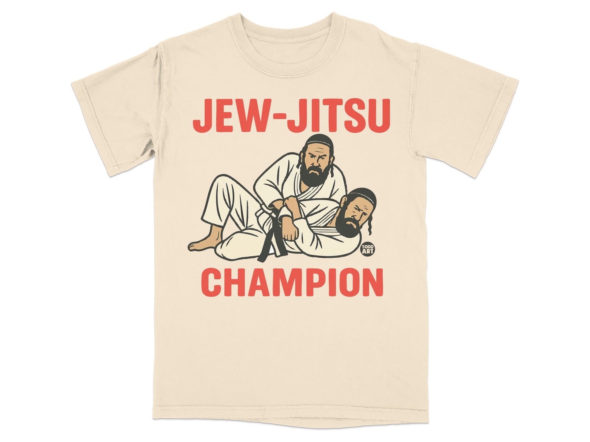 T-shirt with "JEW-JITSU CHAMPION" text and illustration of two men grappling.
