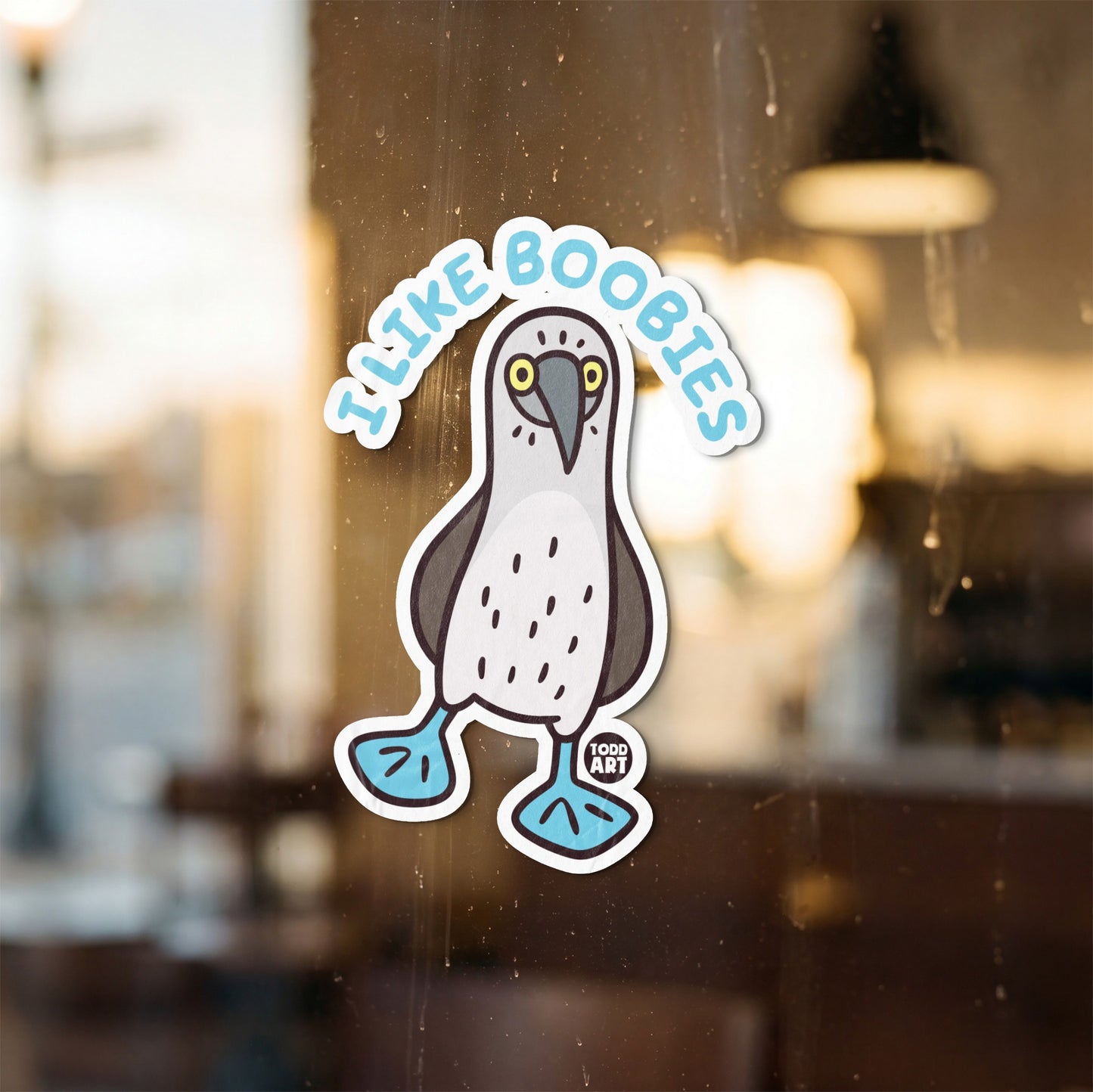 Sticker with cartoon booby bird and text "I LIKE BOOBIES" and "TODD ART".