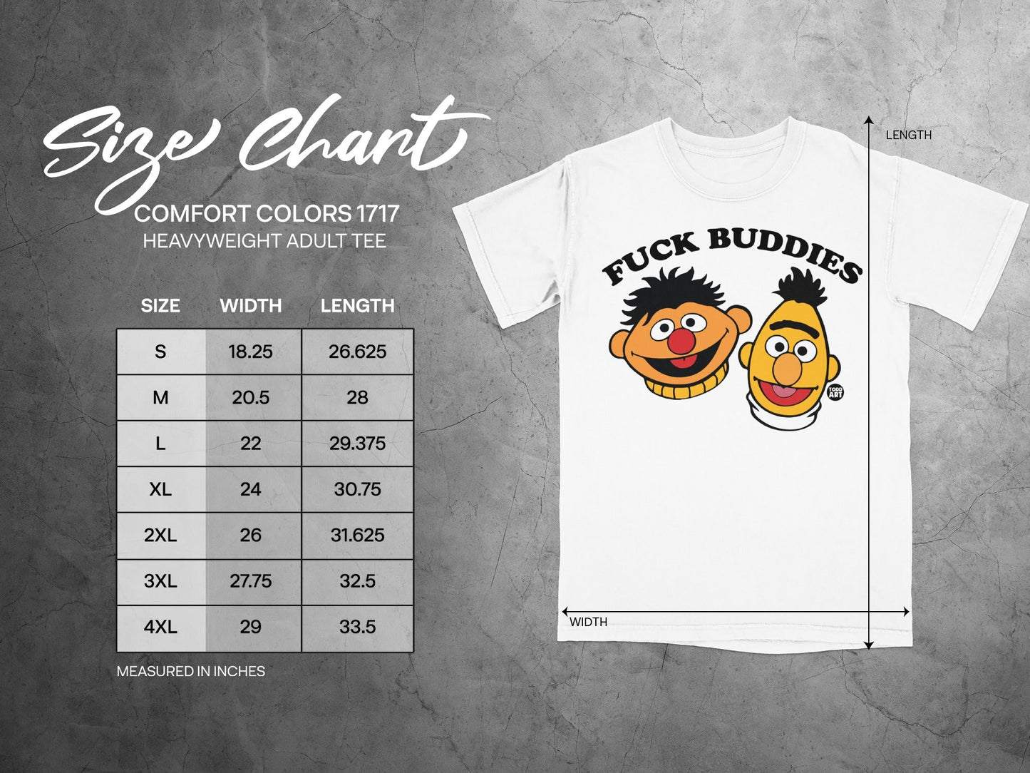 Size chart for Comfort Colors 1717 heavy weight adult tee with BERT and ERNIE.