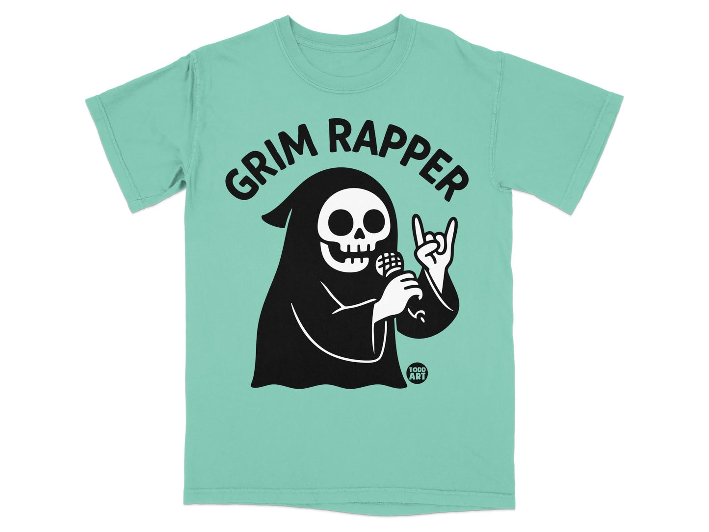 Grim Rapper t-shirt with skeleton character holding microphone, mint green color.