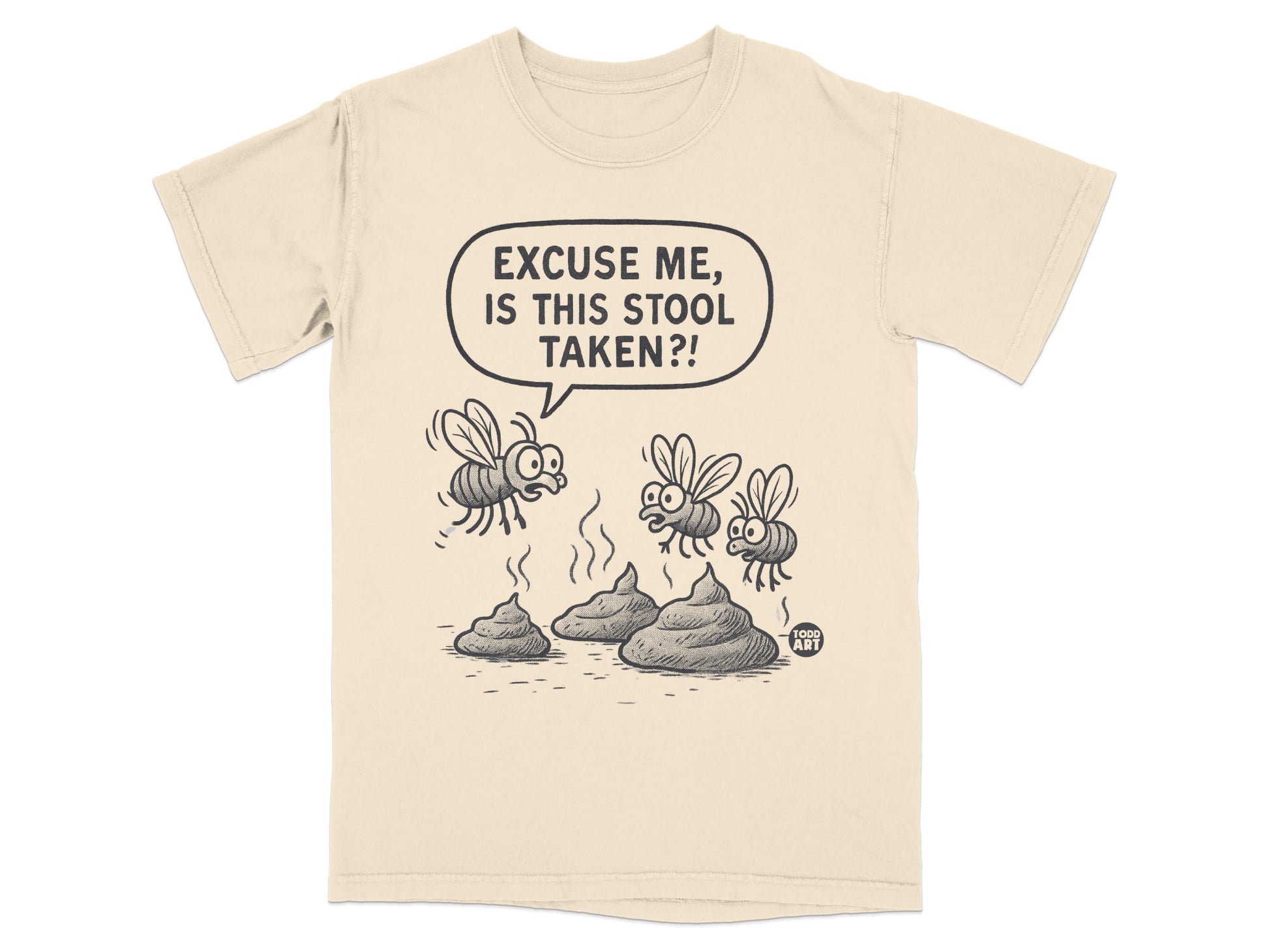 Cartoon flies ask "Excuse me, is this stool taken?" near piles of poop.