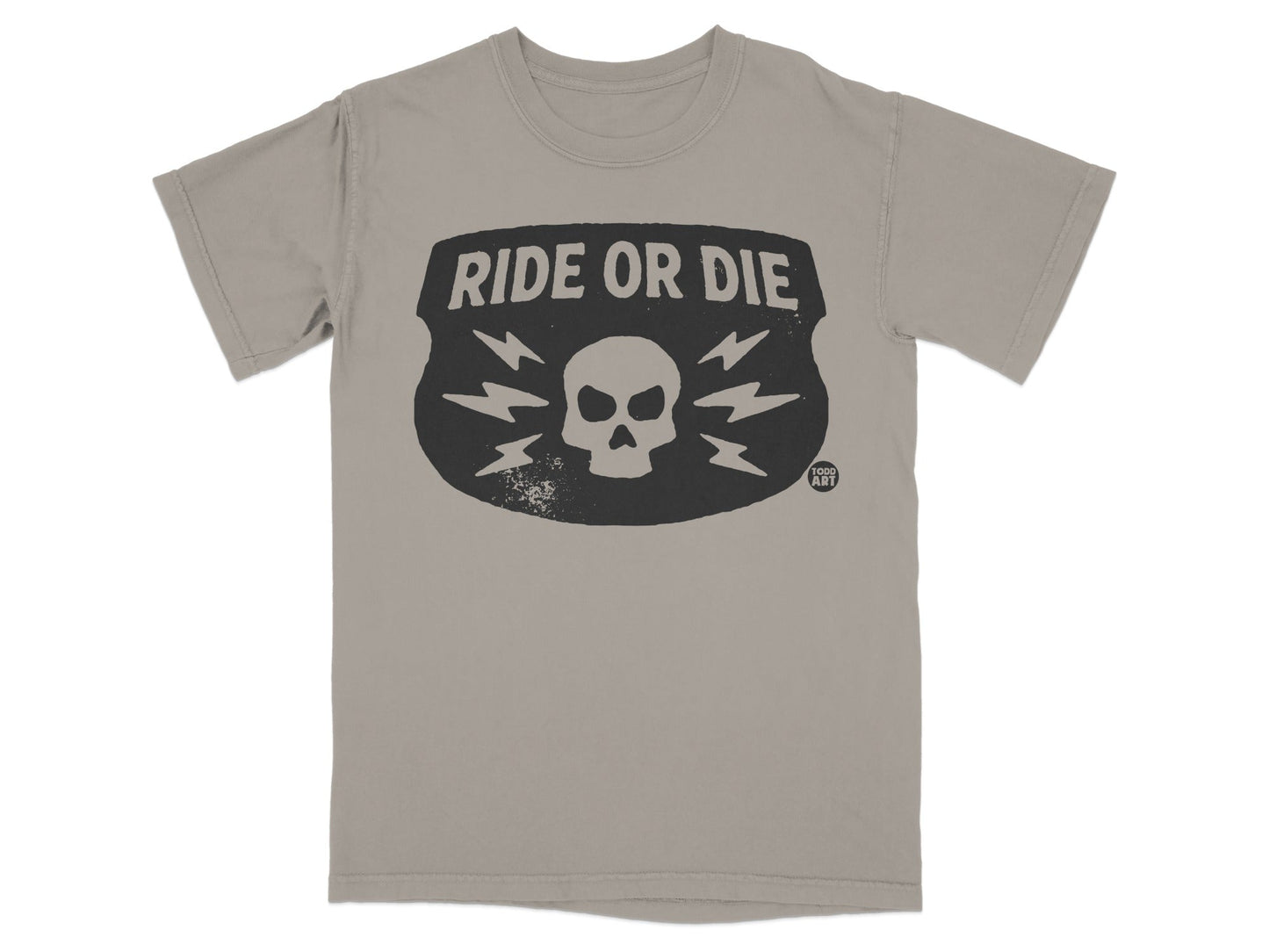 Gray t-shirt with black "Ride or Die" text, skull, and lightning bolts graphic.