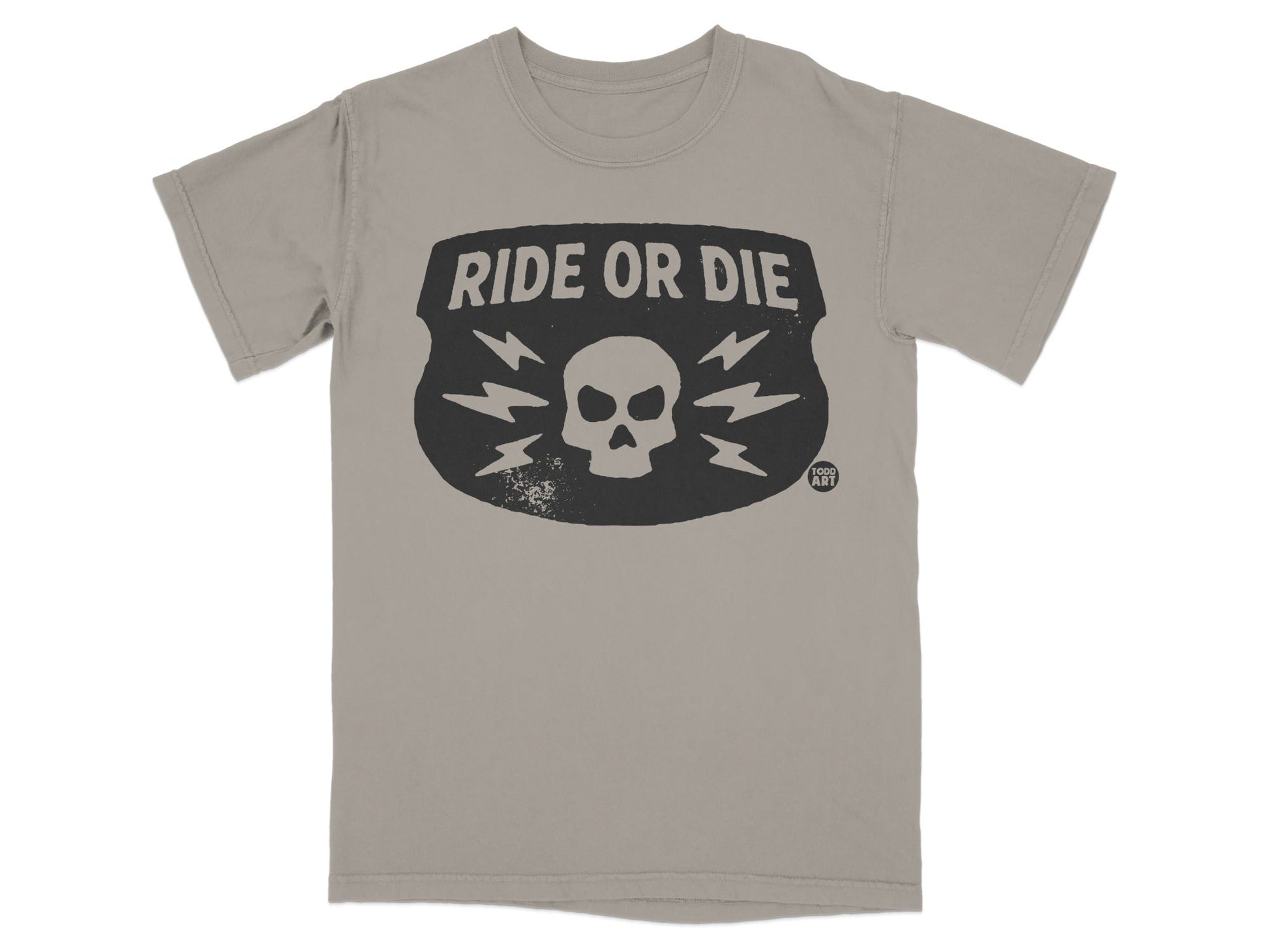 Gray t-shirt with black "Ride or Die" text, skull, and lightning bolts graphic.