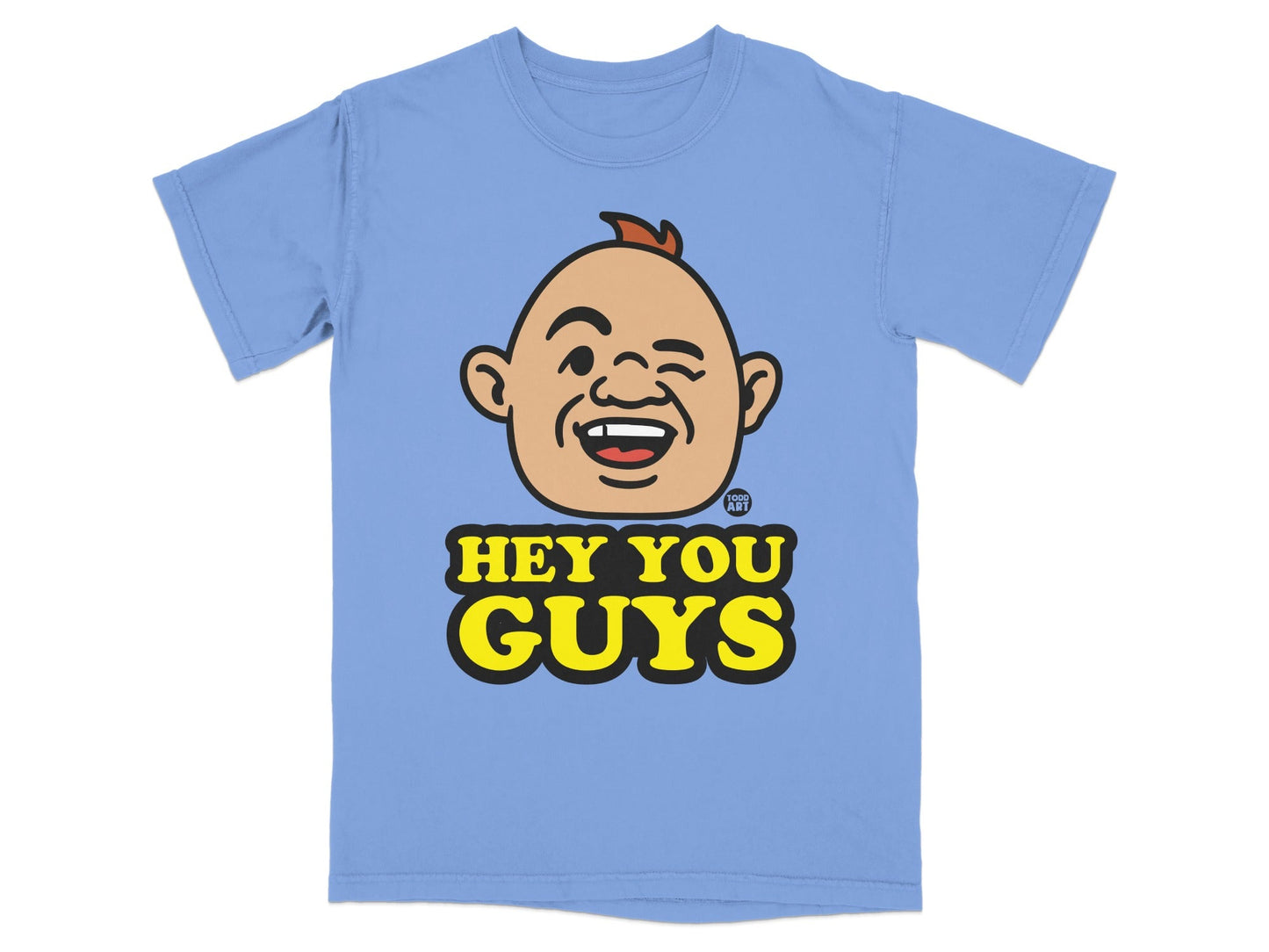 Light blue t-shirt with cartoon character winking and "HEY YOU GUYS" text.