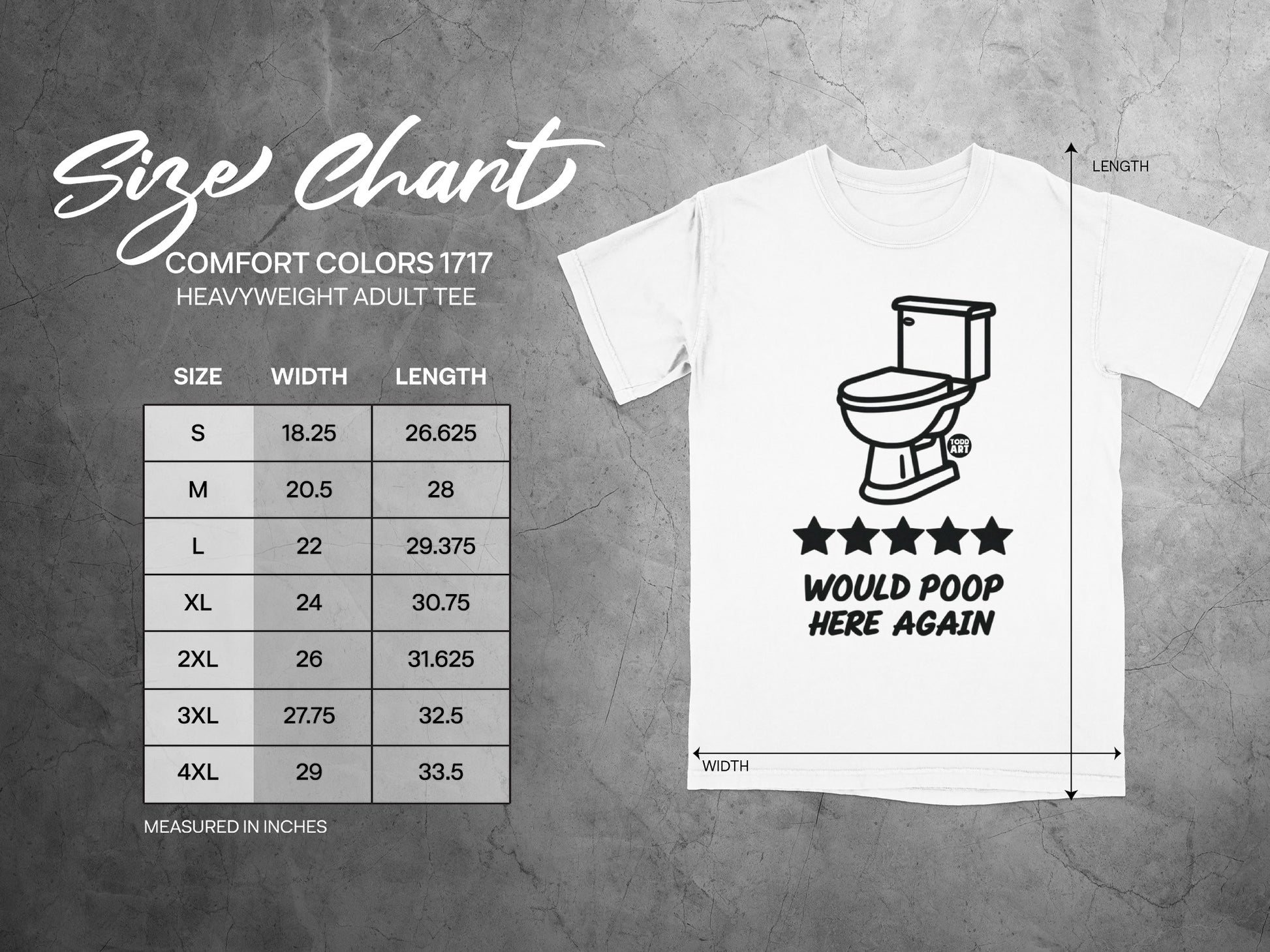 Comfort Colors 1717 heavy t-shirt size chart with toilet graphic.