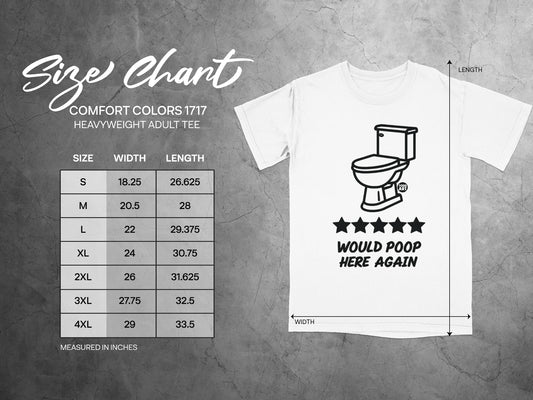 Comfort Colors 1717 heavy t-shirt size chart with toilet graphic.