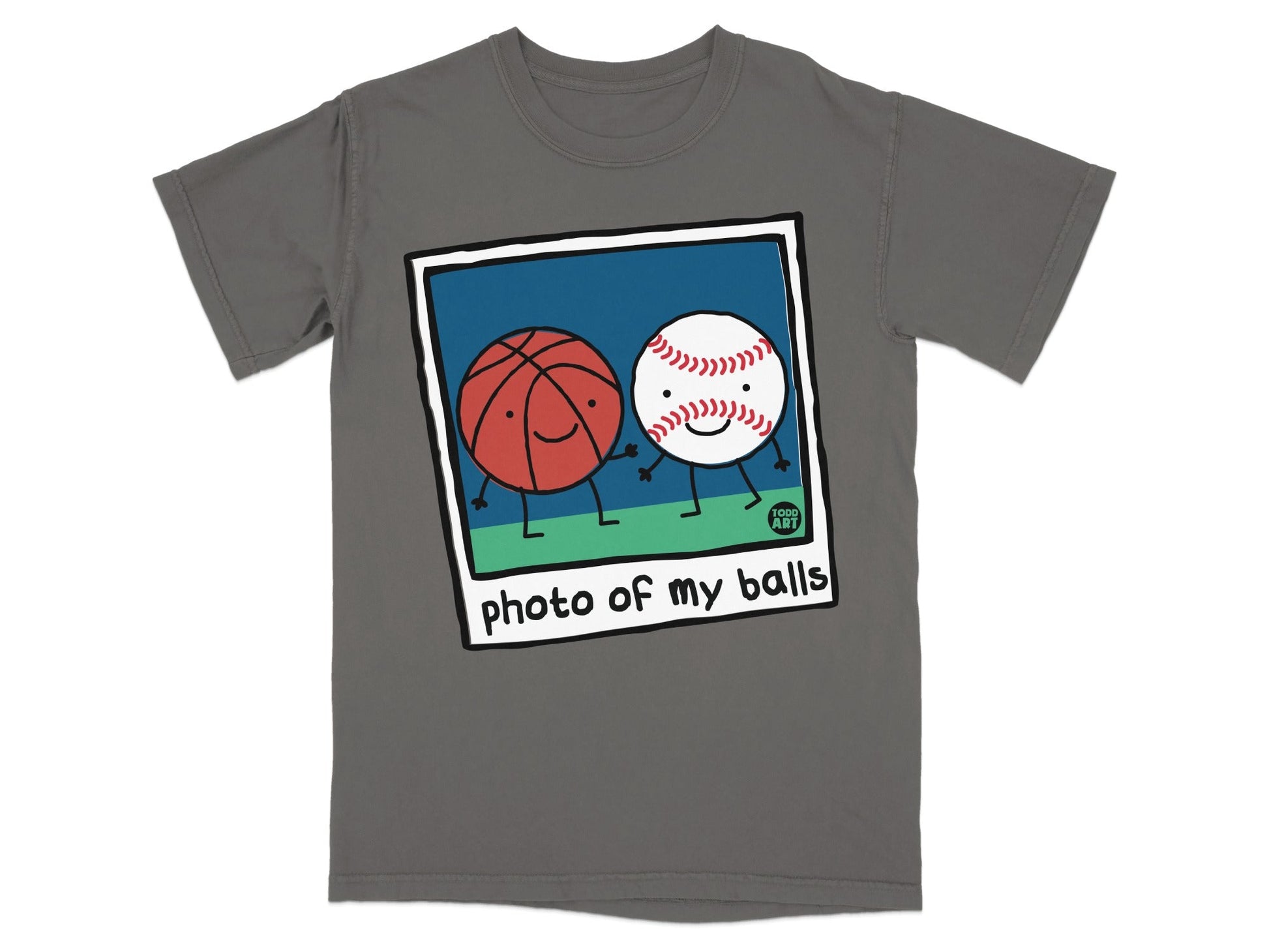 Two cartoon balls, basketball and baseball, hug in a photo frame.