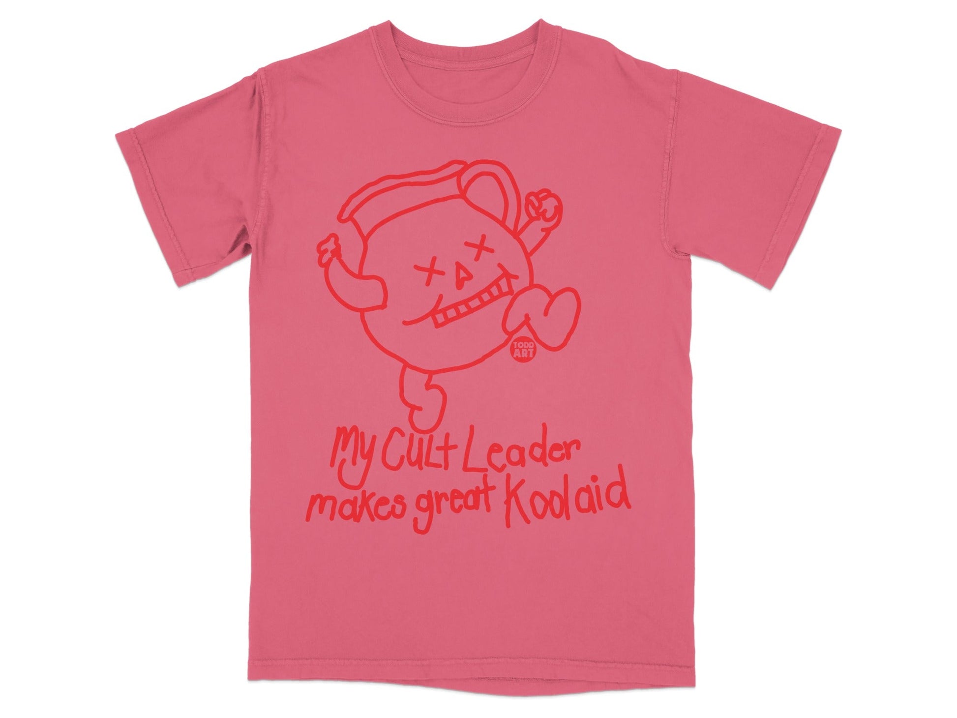 Coral t-shirt with Kool-Aid Man graphic and "My Cult Leader makes great Kool-Aid" text.