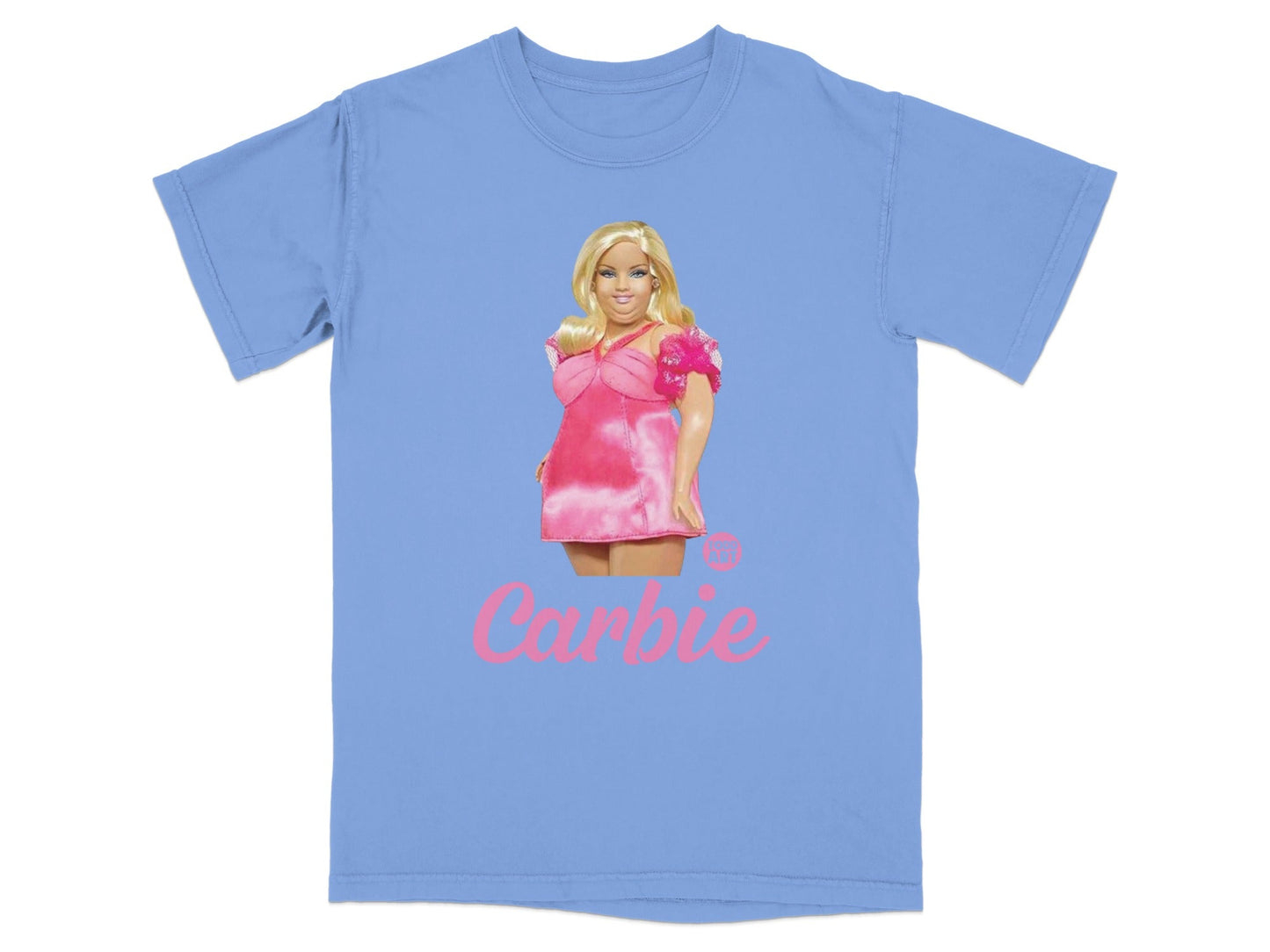 Light blue t-shirt with a Barbie graphic wearing a pink dress.