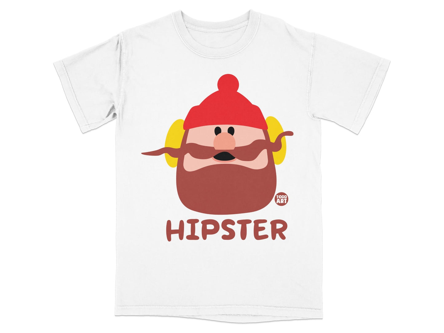 T-shirt with cartoon hipster character wearing red hat and ear warmers, "TODD ART" logo.