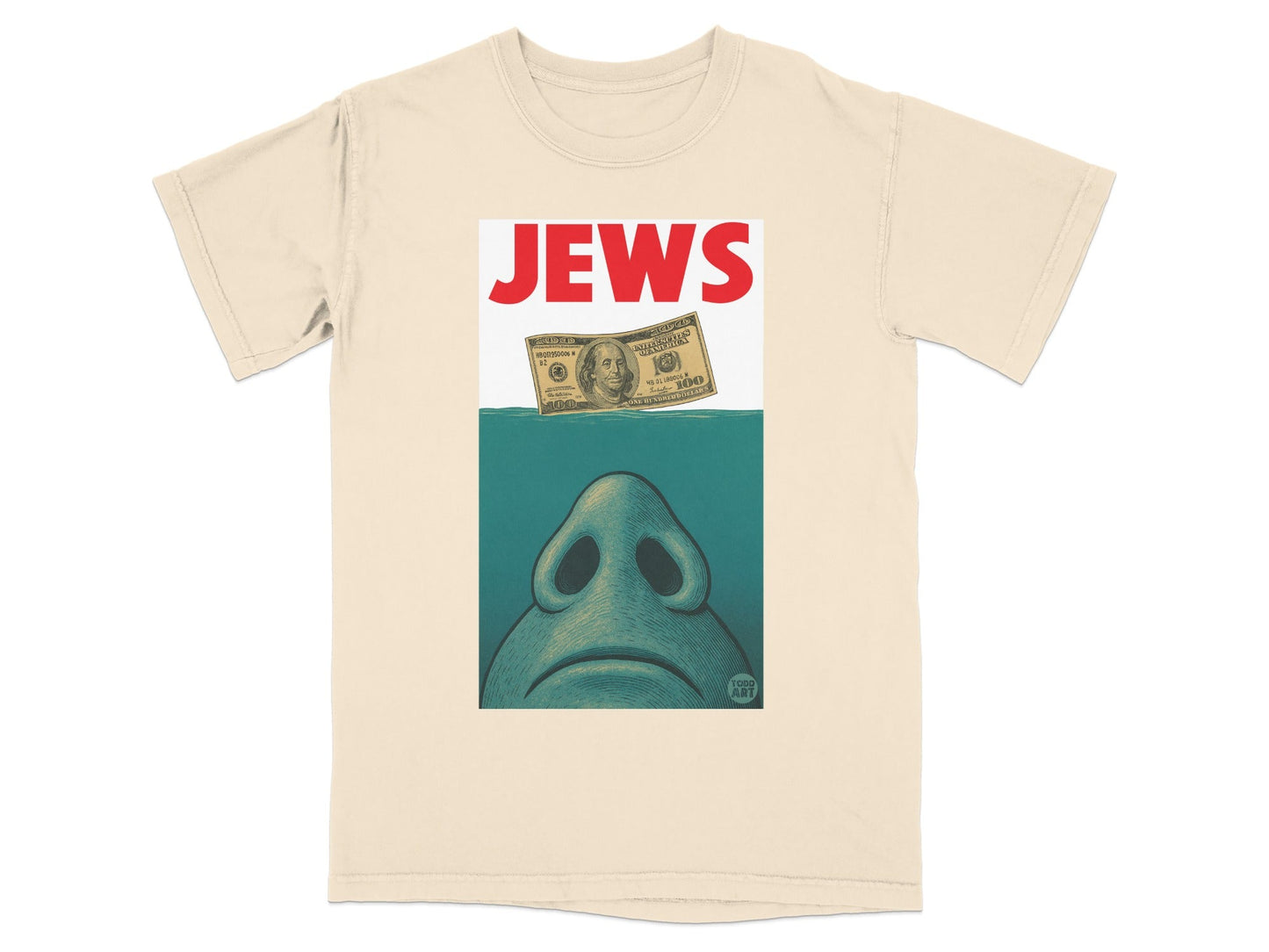 Beige t-shirt with illustration of a face and a $100 bill above water.