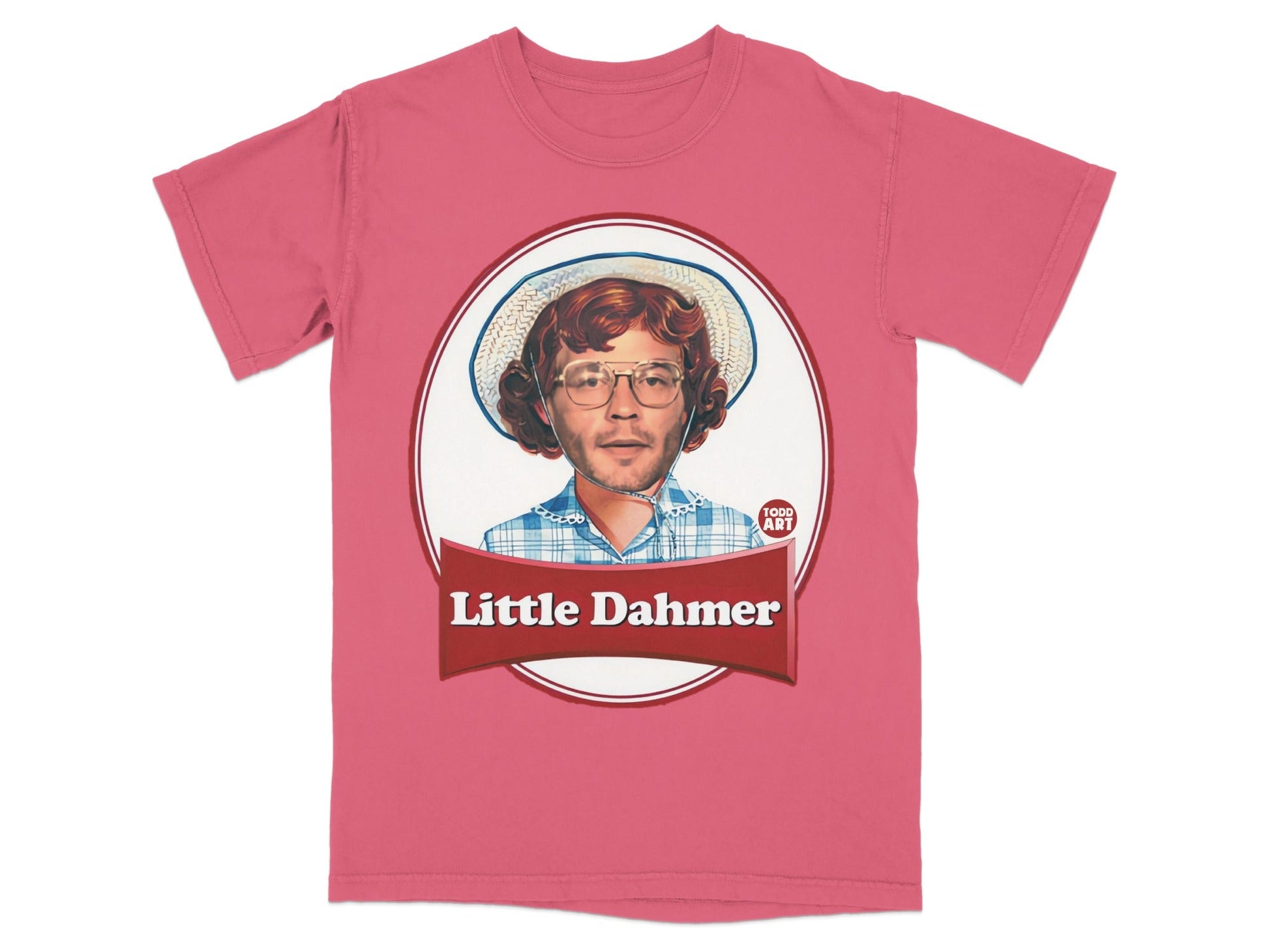 Pink t-shirt with "Little Dahmer" text and a cartoon character's portrait.
