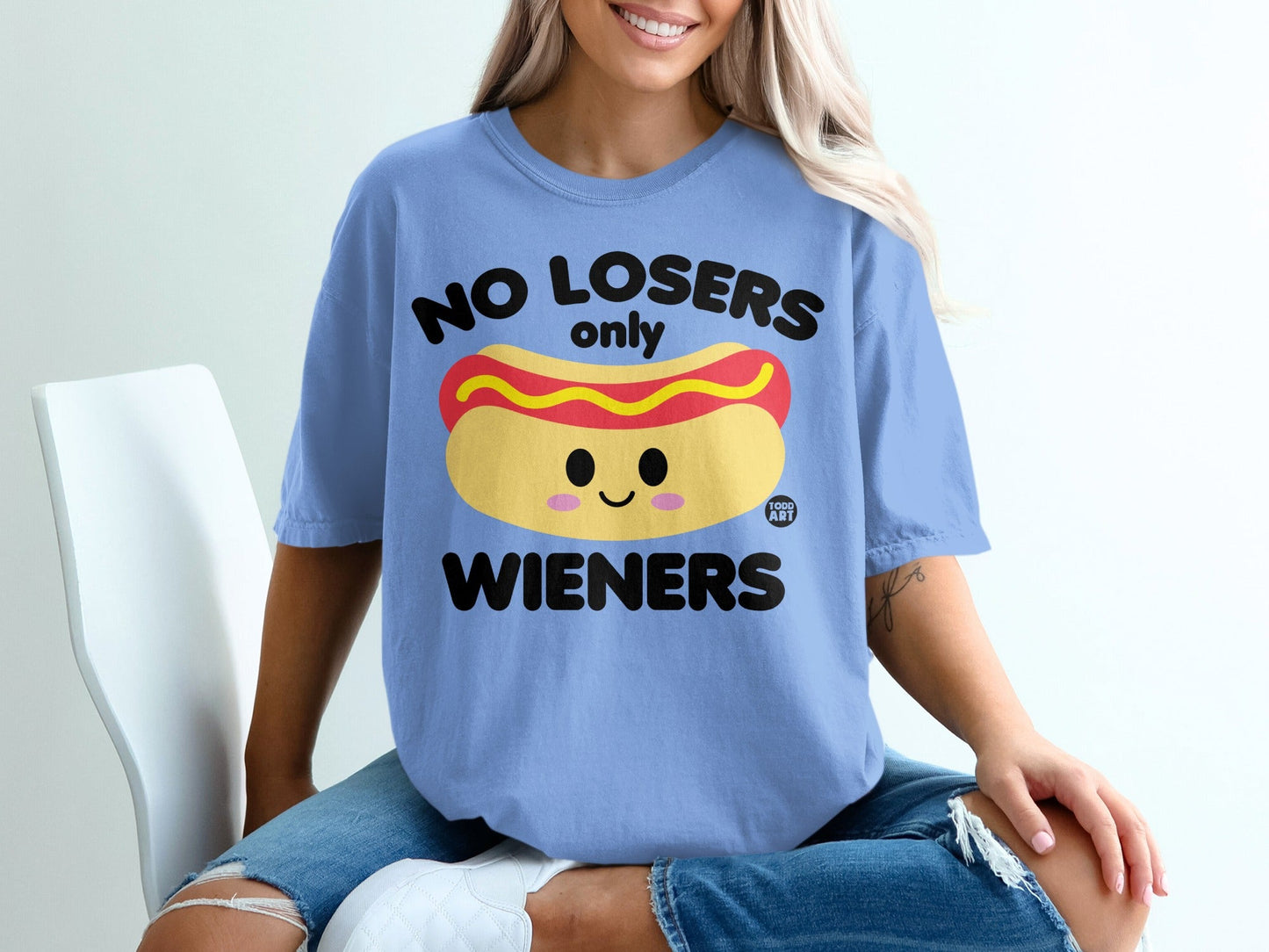 Blue t-shirt with "No Losers Only Wieners" and hot dog graphic.