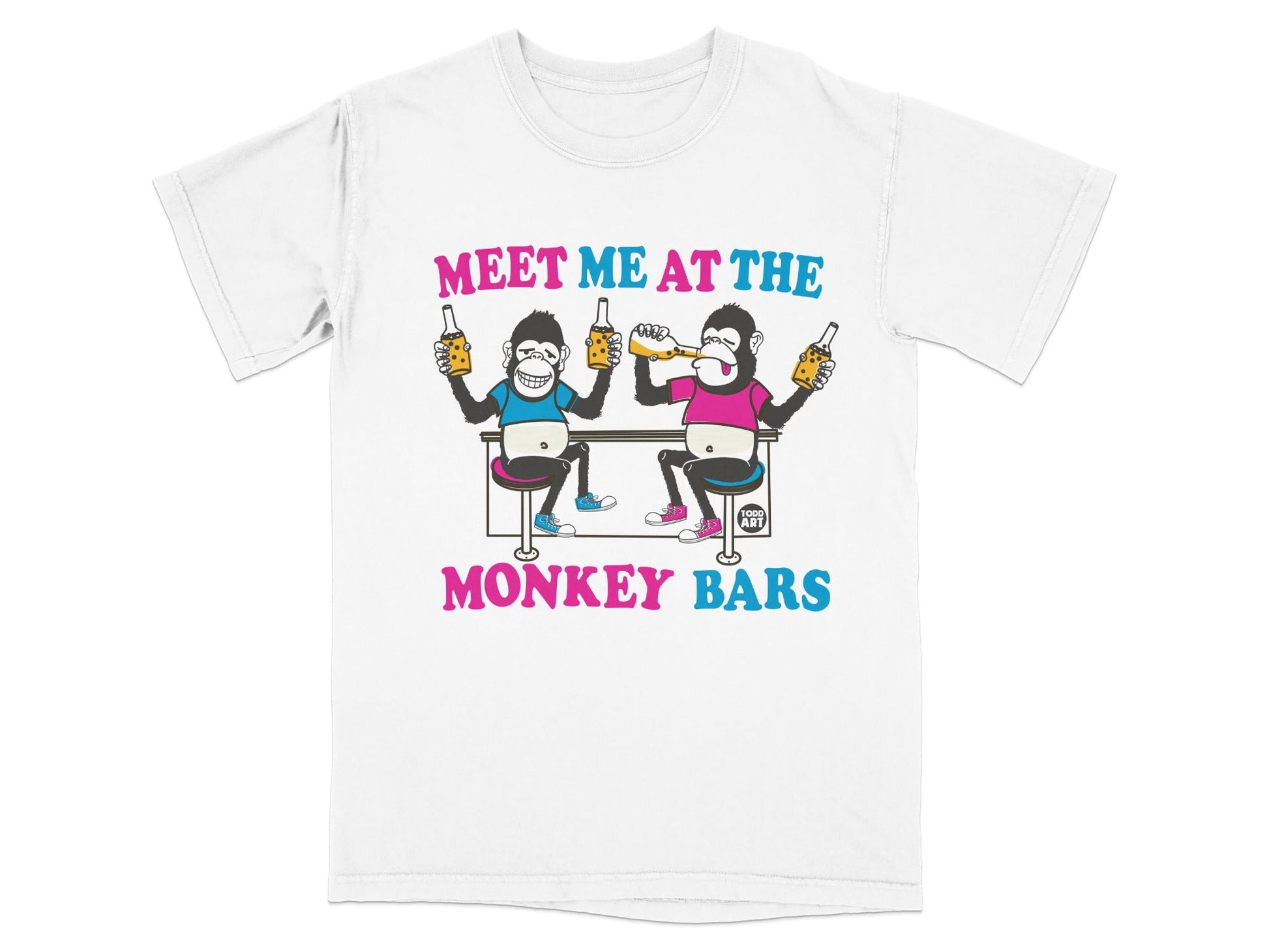 Two cartoon monkeys sitting at a bar, drinking from bottles, with text "MEET ME AT THE MONKEY BARS".