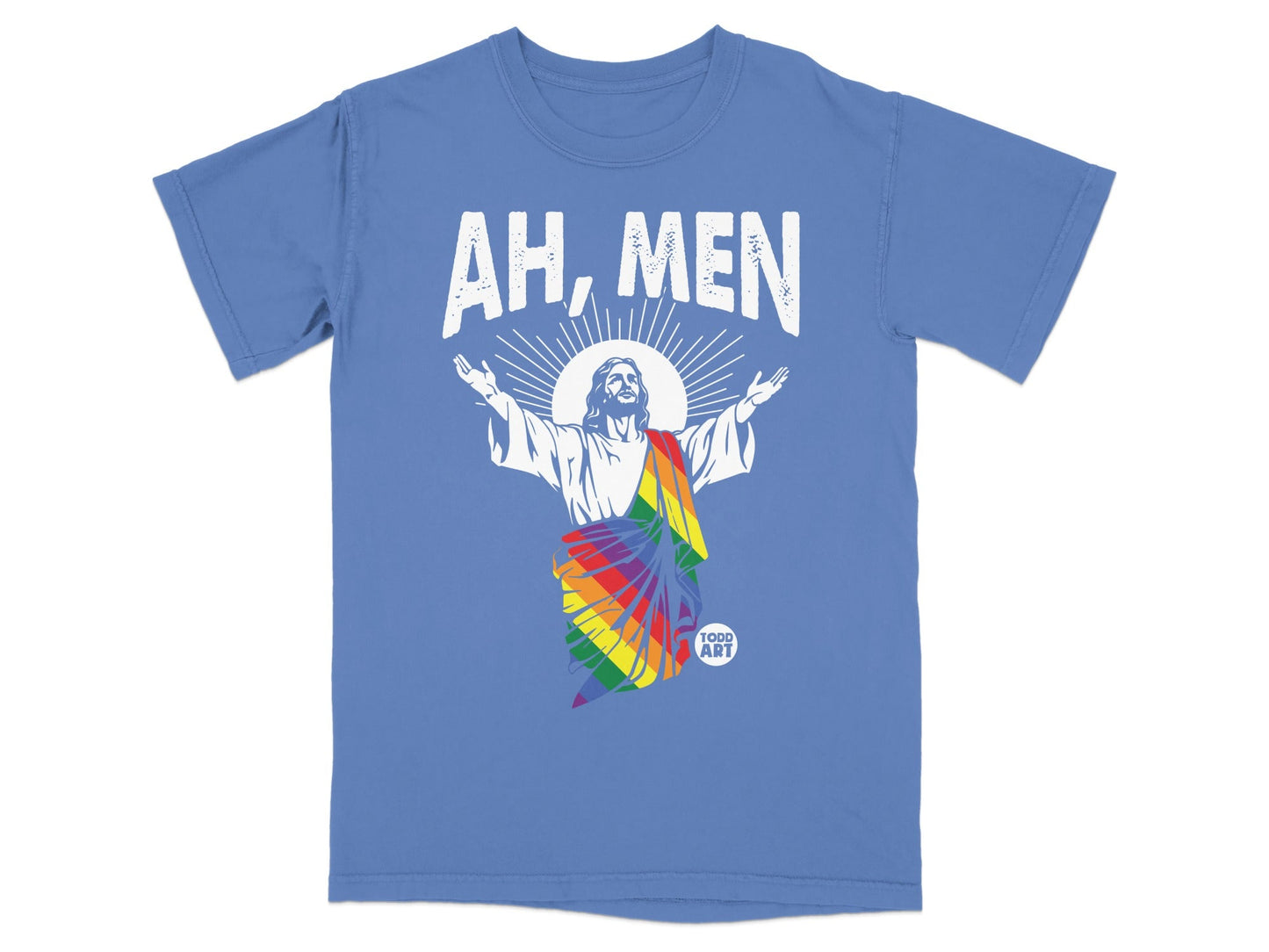 Blue t-shirt with Jesus figure in rainbow stole, text "AH, MEN" and "TODD ART".