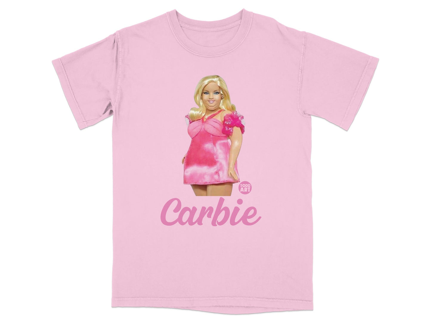 Pink t-shirt with Barbie doll and "TODD ART" logo on the front.