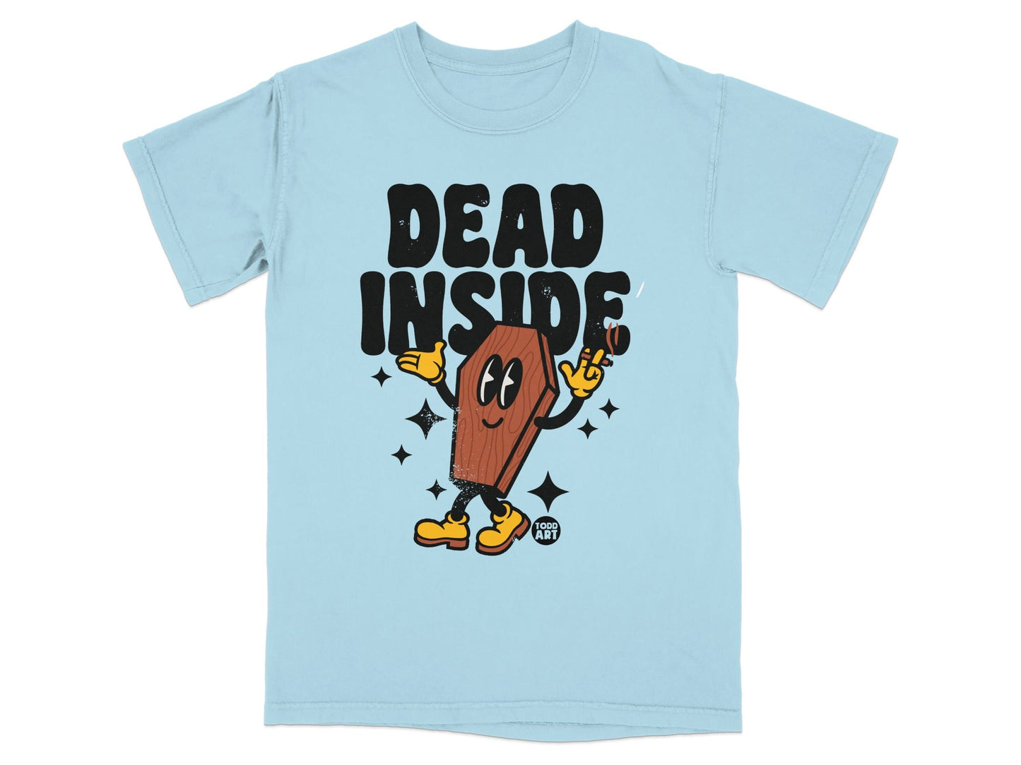 Light blue t-shirt featuring a cartoon coffin character with text "DEAD INSIDE".