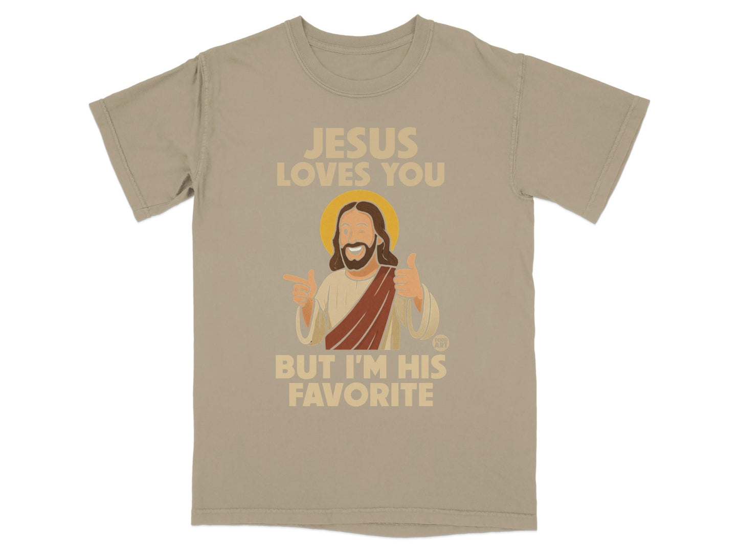 T-shirt with "Jesus loves you but I'm his favorite" text and cartoon Jesus giving thumbs up.