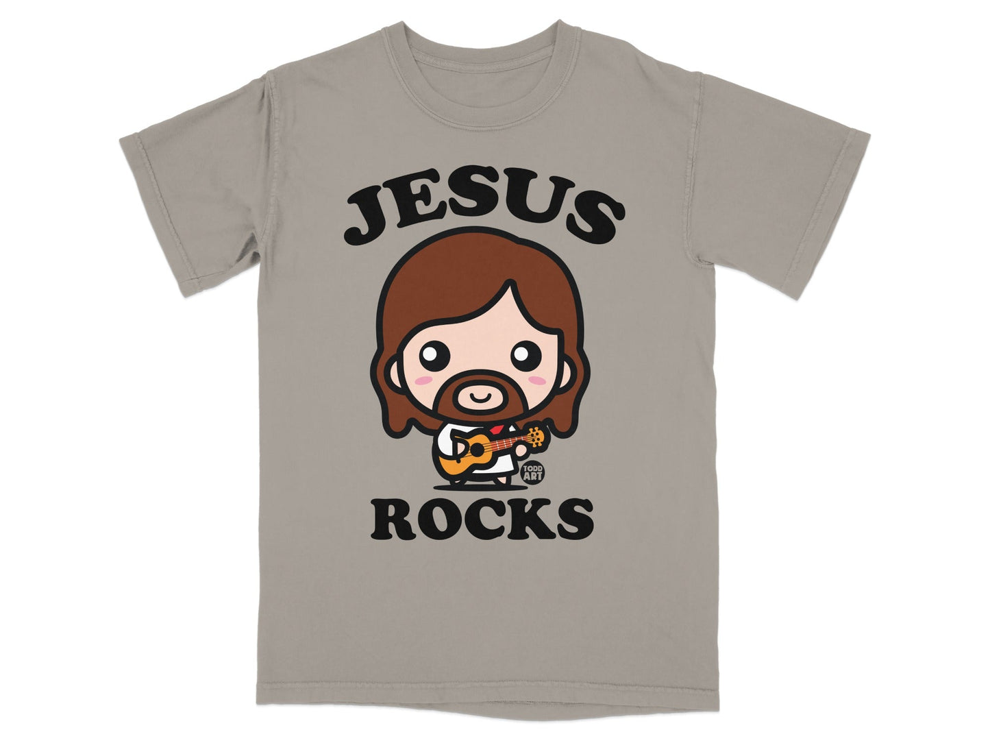 Chibi Jesus playing guitar, text "JESUS ROCKS" on grey t-shirt.